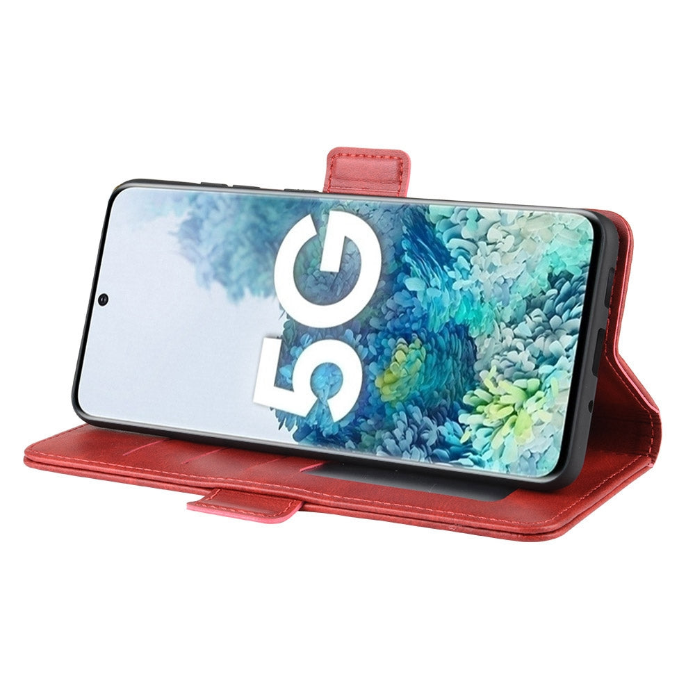 Double Clasp Flip Leather Shell for Samsung Galaxy S20 FE 4G/FE 5G/S20 Lite/S20 FE 2022 with Wallet Stand Design - Red