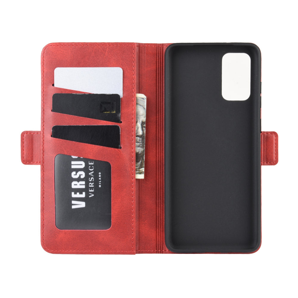 Double Clasp Flip Leather Shell for Samsung Galaxy S20 FE 4G/FE 5G/S20 Lite/S20 FE 2022 with Wallet Stand Design - Red