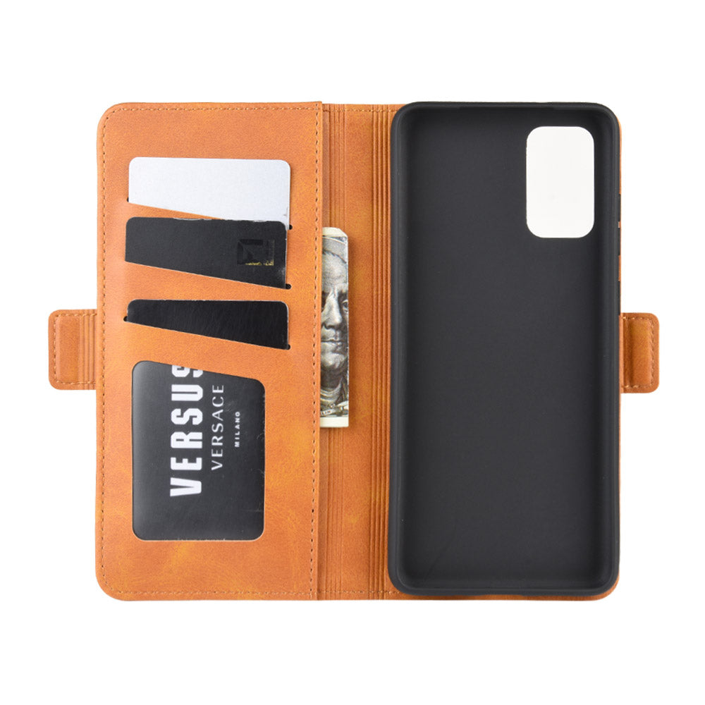 Double Clasp Flip Leather Shell for Samsung Galaxy S20 FE 4G/FE 5G/S20 Lite/S20 FE 2022 with Wallet Stand Design - Brown