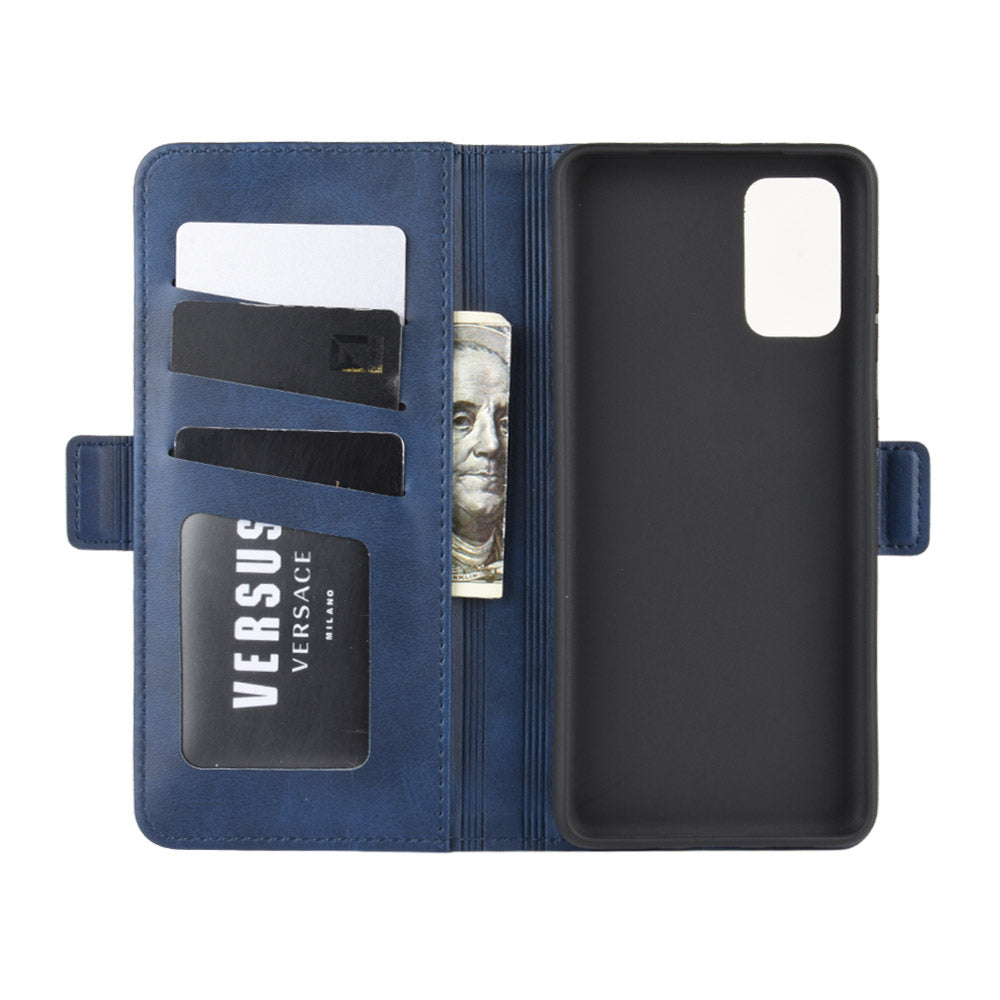 Double Clasp Flip Leather Shell for Samsung Galaxy S20 FE 4G/FE 5G/S20 Lite/S20 FE 2022 with Wallet Stand Design - Blue