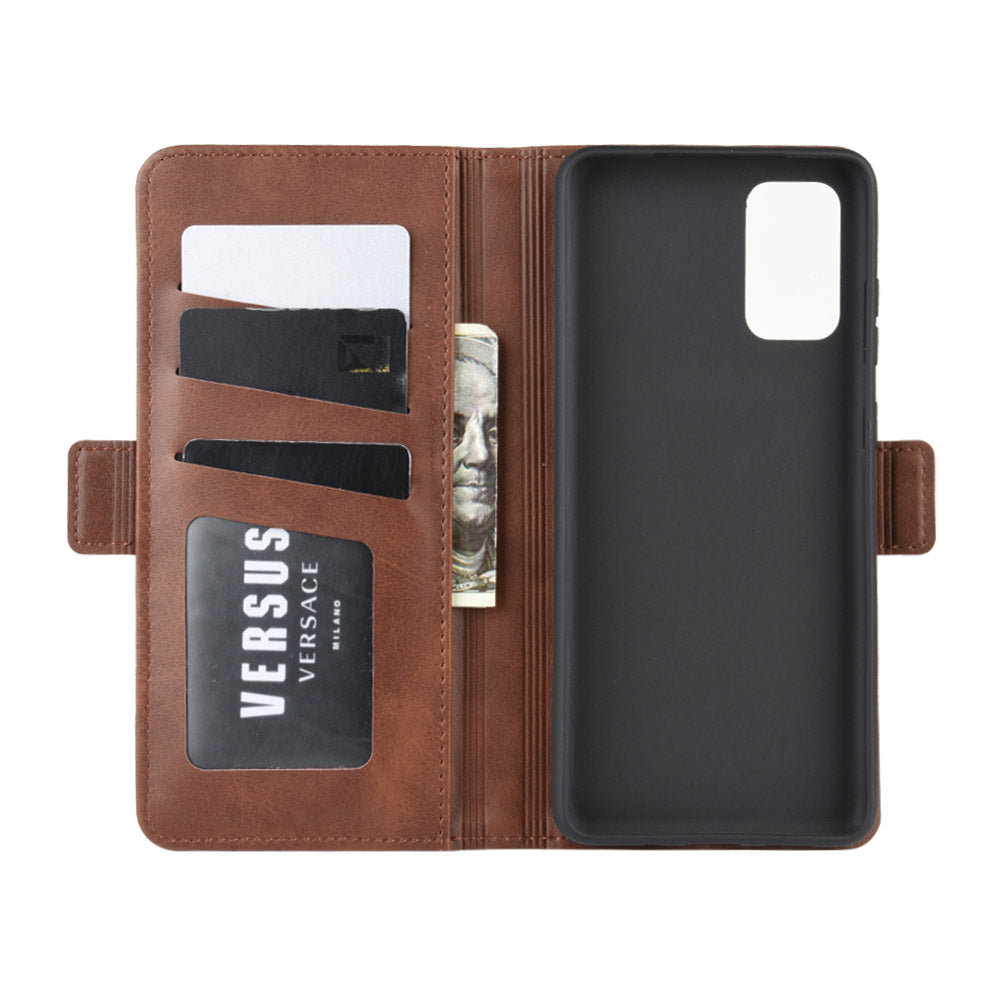 Double Clasp Flip Leather Shell for Samsung Galaxy S20 FE 4G/FE 5G/S20 Lite/S20 FE 2022 with Wallet Stand Design - Coffee