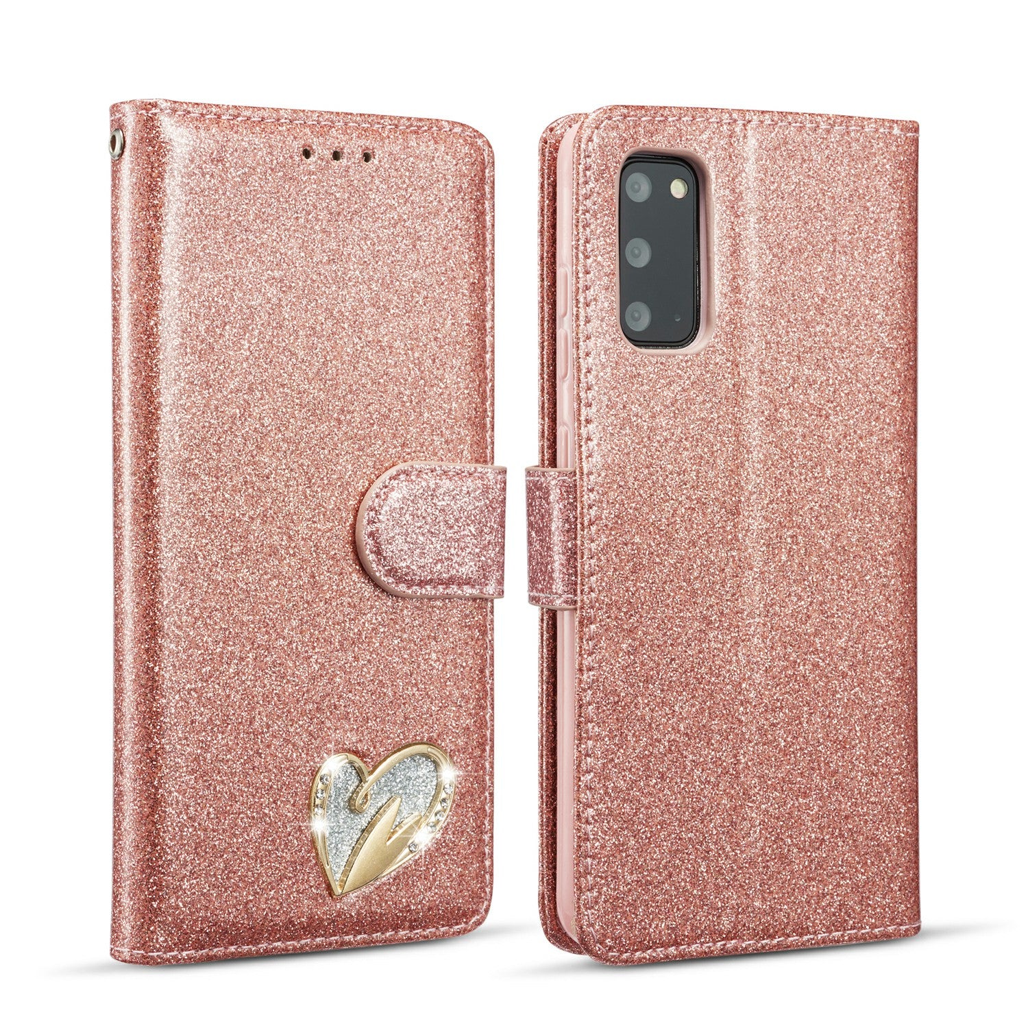 Gleaming Diamond Leather with Metal Heart Shape Decor Phone Cover Shell for Samsung Galaxy S20 4G/S20 5G - Rose Gold