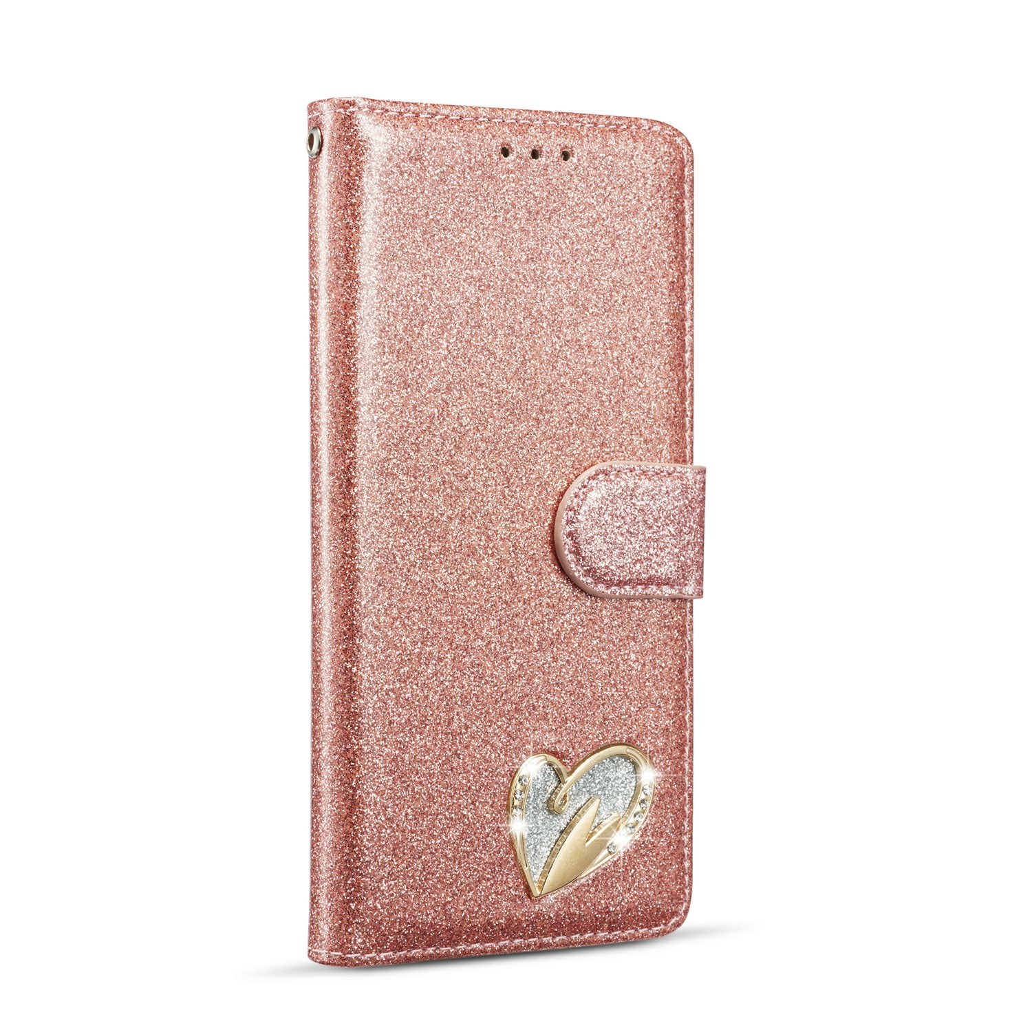 Gleaming Diamond Leather with Metal Heart Shape Decor Phone Cover Shell for Samsung Galaxy S20 4G/S20 5G - Rose Gold