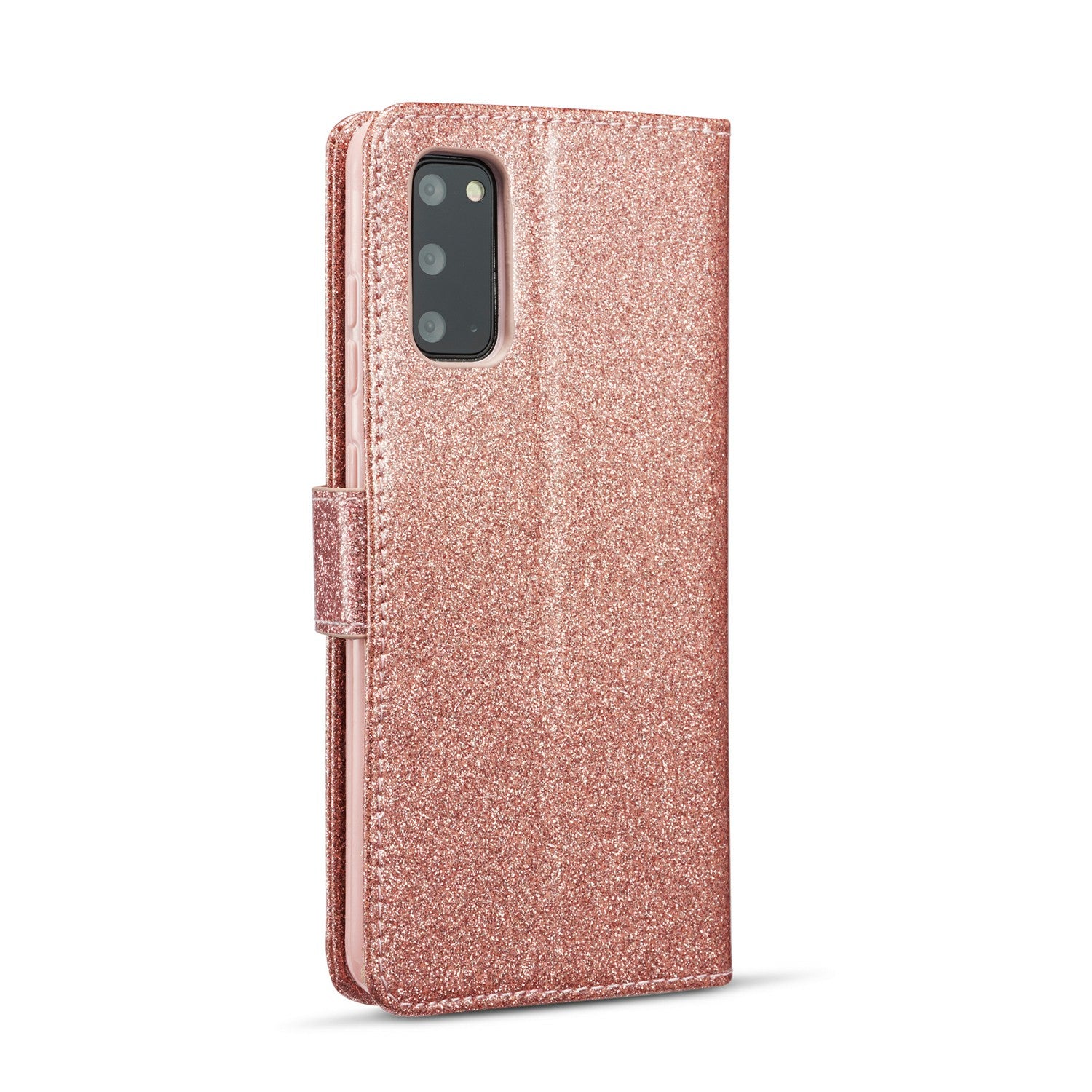 Gleaming Diamond Leather with Metal Heart Shape Decor Phone Cover Shell for Samsung Galaxy S20 4G/S20 5G - Rose Gold