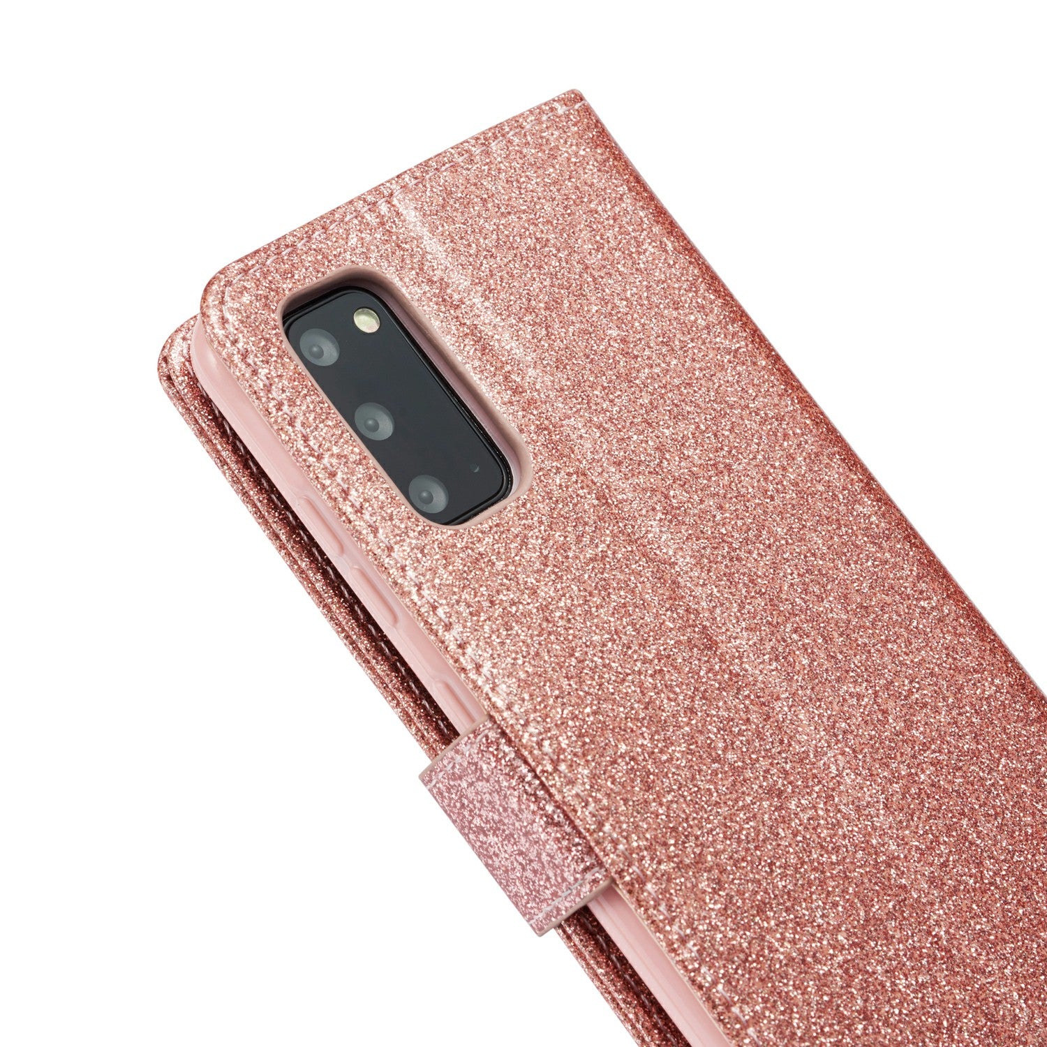 Gleaming Diamond Leather with Metal Heart Shape Decor Phone Cover Shell for Samsung Galaxy S20 4G/S20 5G - Rose Gold