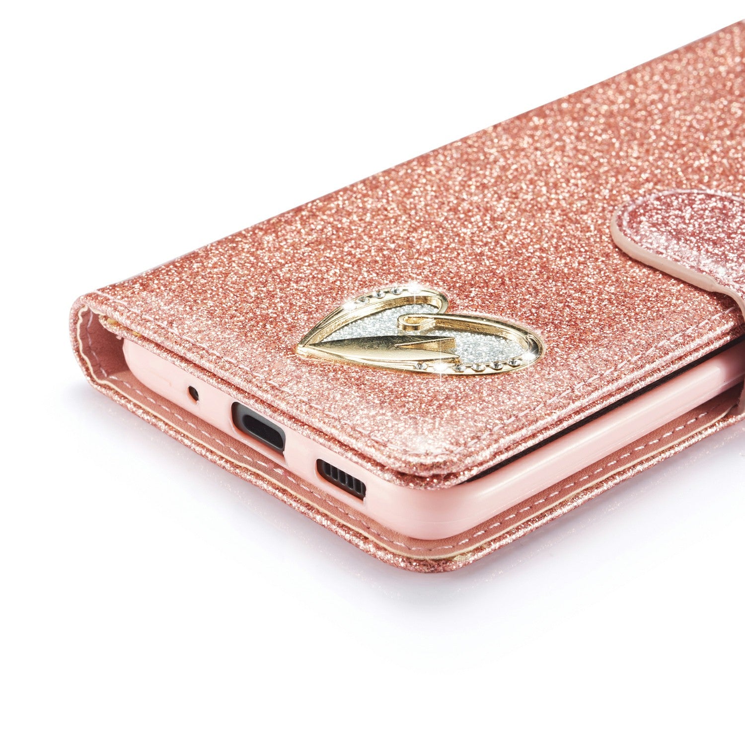 Gleaming Diamond Leather with Metal Heart Shape Decor Phone Cover Shell for Samsung Galaxy S20 4G/S20 5G - Rose Gold