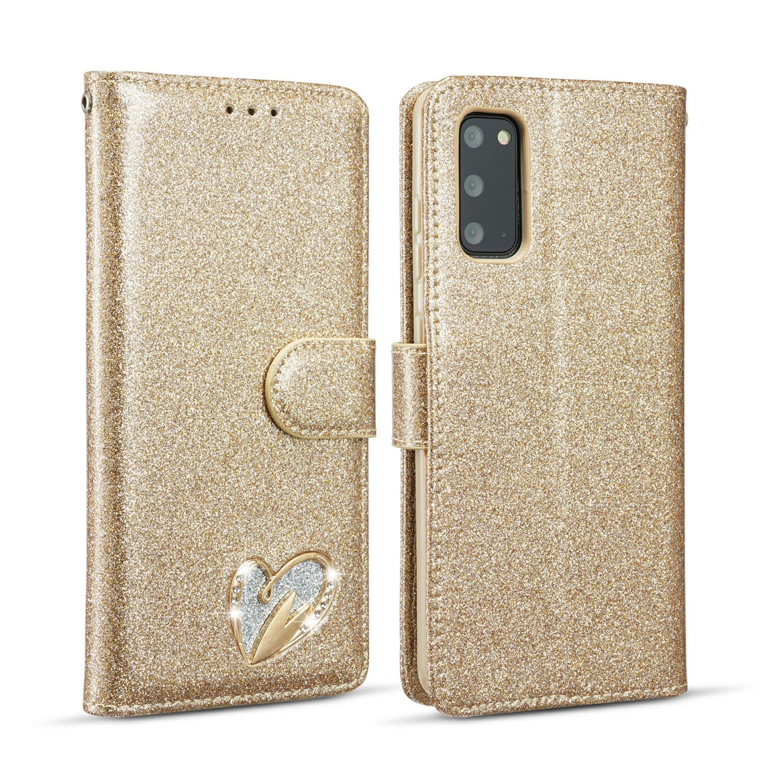 Gleaming Diamond Leather with Metal Heart Shape Decor Phone Cover Shell for Samsung Galaxy S20 4G/S20 5G - Gold