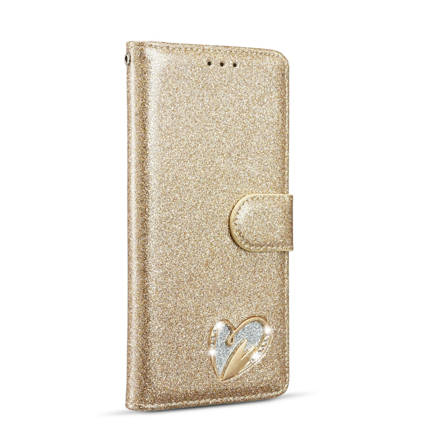 Gleaming Diamond Leather with Metal Heart Shape Decor Phone Cover Shell for Samsung Galaxy S20 4G/S20 5G - Gold