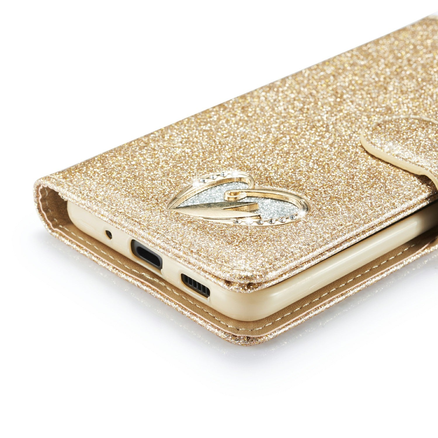 Gleaming Diamond Leather with Metal Heart Shape Decor Phone Cover Shell for Samsung Galaxy S20 4G/S20 5G - Gold