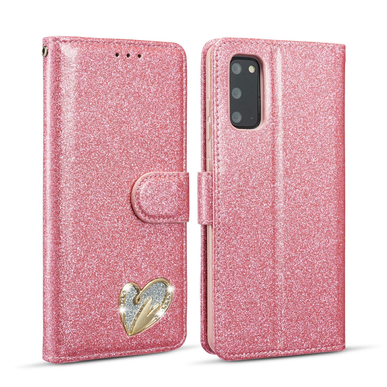 Gleaming Diamond Leather with Metal Heart Shape Decor Phone Cover Shell for Samsung Galaxy S20 4G/S20 5G - Pink