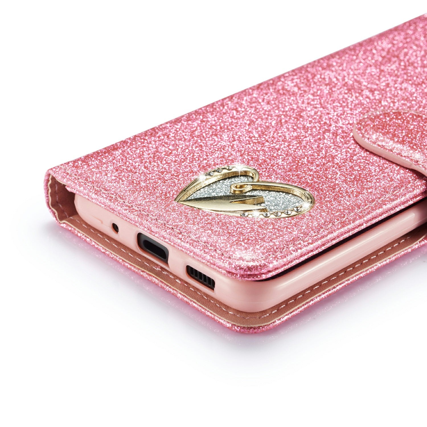 Gleaming Diamond Leather with Metal Heart Shape Decor Phone Cover Shell for Samsung Galaxy S20 4G/S20 5G - Pink