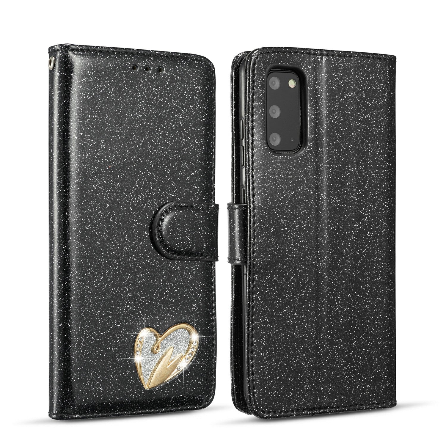 Gleaming Diamond Leather with Metal Heart Shape Decor Phone Cover Shell for Samsung Galaxy S20 4G/S20 5G - Black