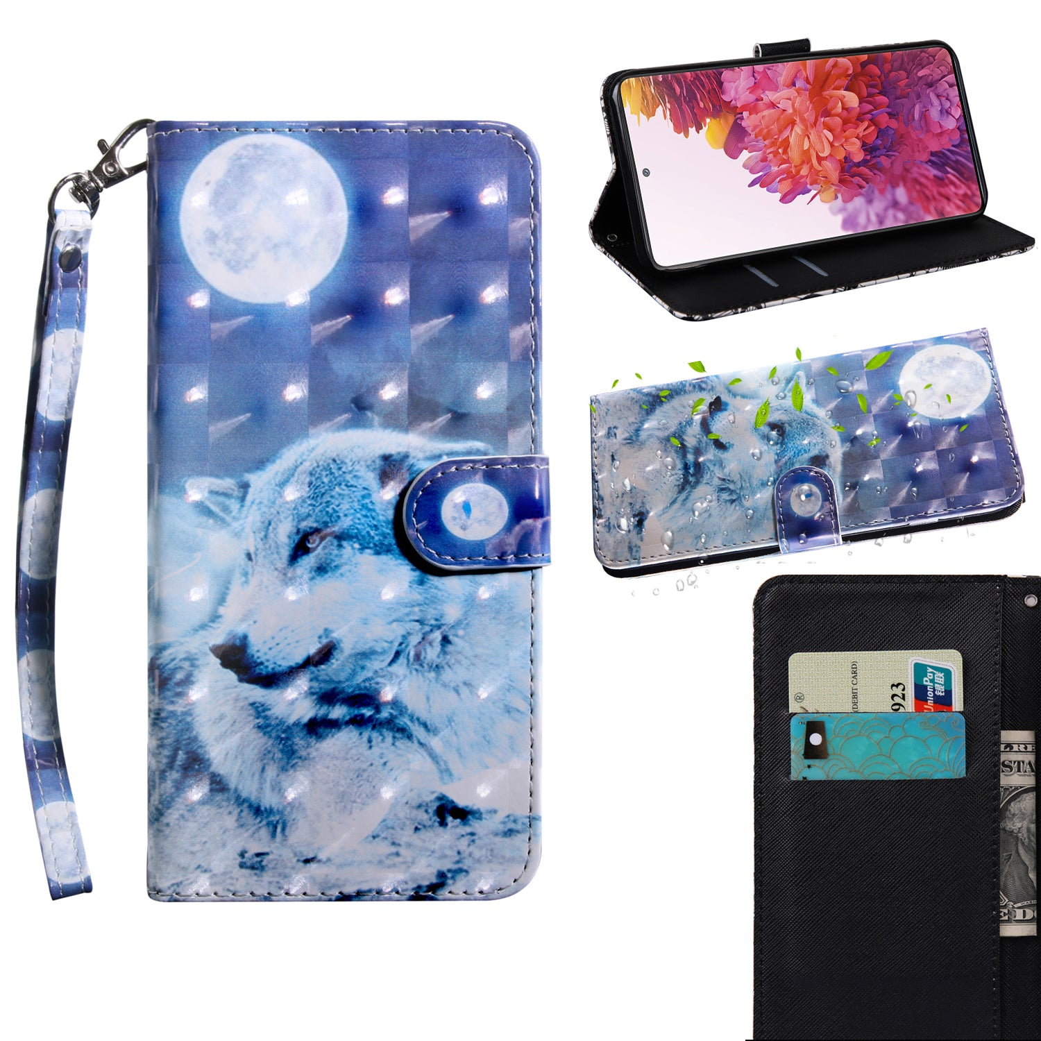 Light Spot Decor Pattern Printing Wallet Stand Leather Cover Case for Samsung Galaxy S20 FE 4G/FE 5G/S20 Lite/S20 FE 2022 - Wolf and Moon