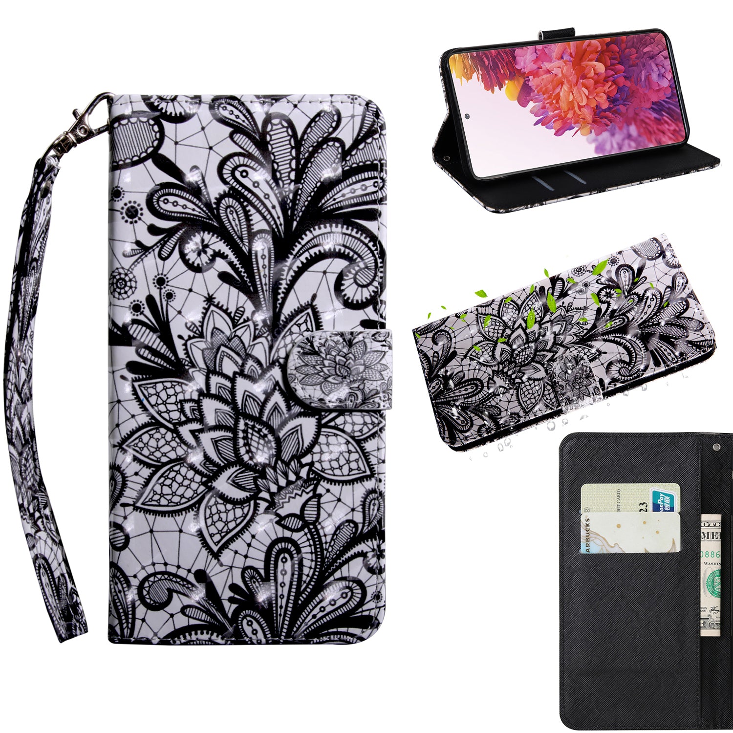 Light Spot Decor Pattern Printing Wallet Stand Leather Cover Case for Samsung Galaxy S20 FE 4G/FE 5G/S20 Lite/S20 FE 2022 - Lace Flower