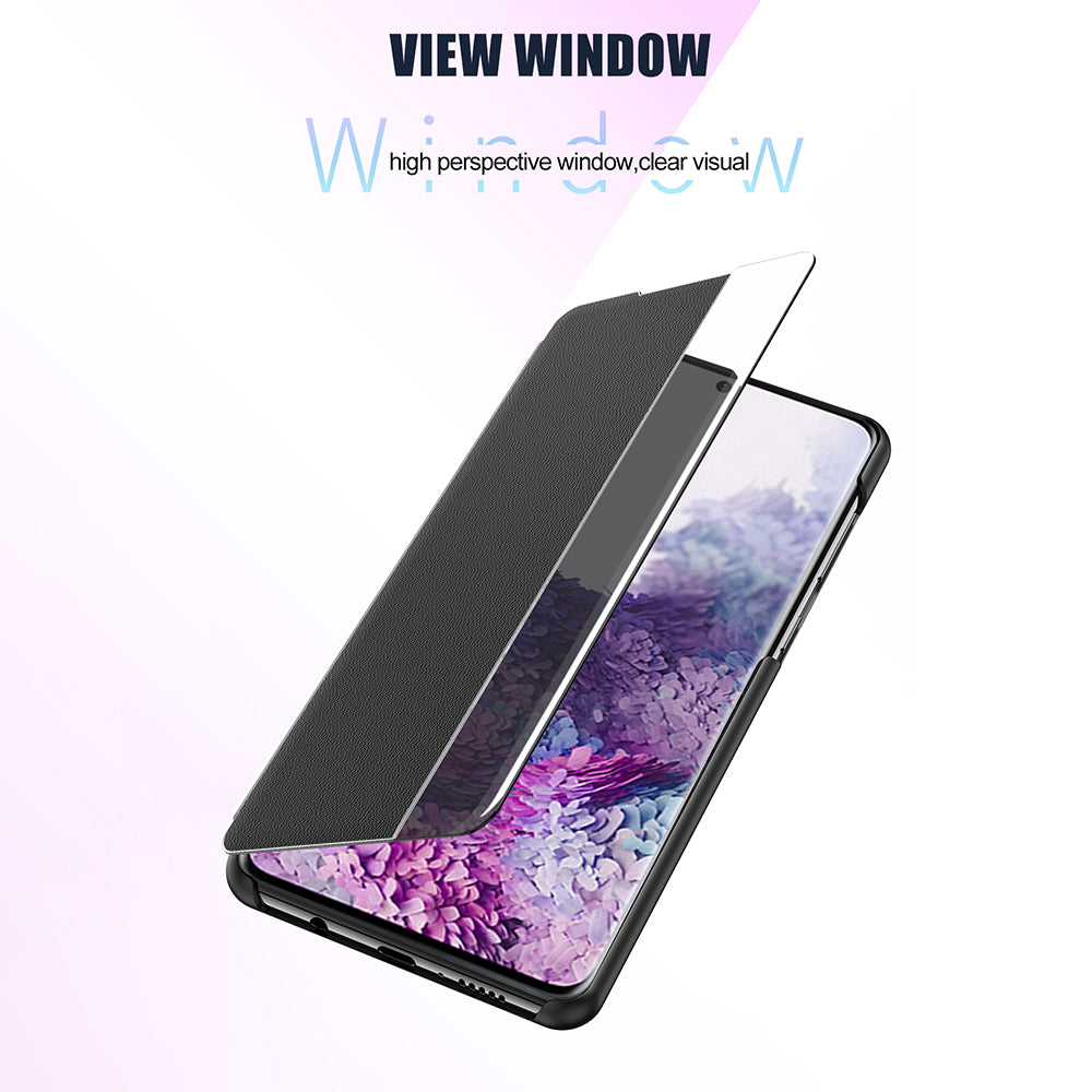 View Window Flip Leather Stand Phone Shell for Samsung Galaxy S20 FE 4G/FE 5G/S20 Lite/S20 FE 2022 PU Leather + PC Bottom Case Dual Protection - Black