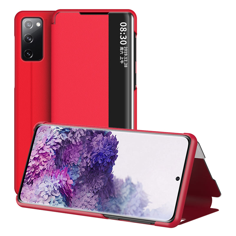 View Window Flip Leather Stand Phone Shell for Samsung Galaxy S20 FE 4G/FE 5G/S20 Lite/S20 FE 2022 PU Leather + PC Bottom Case Dual Protection - Red