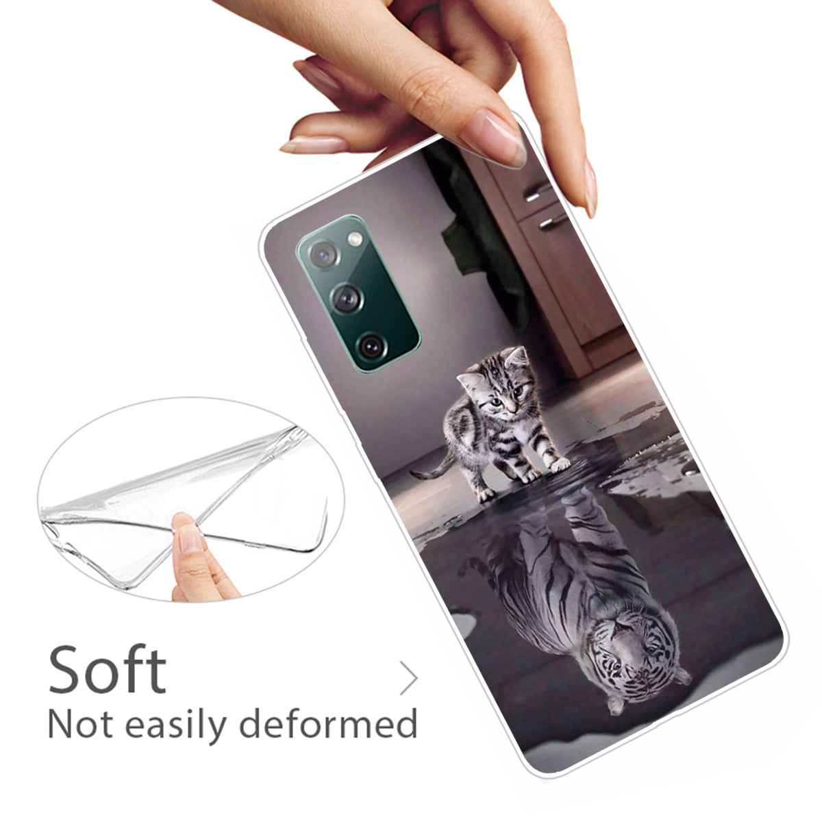 Pattern Printing Soft TPU Cell Phone Cover for Samsung Galaxy S20 FE 4G/FE 5G/S20 Lite/S20 FE 2022 - Cat and Tiger Reflection