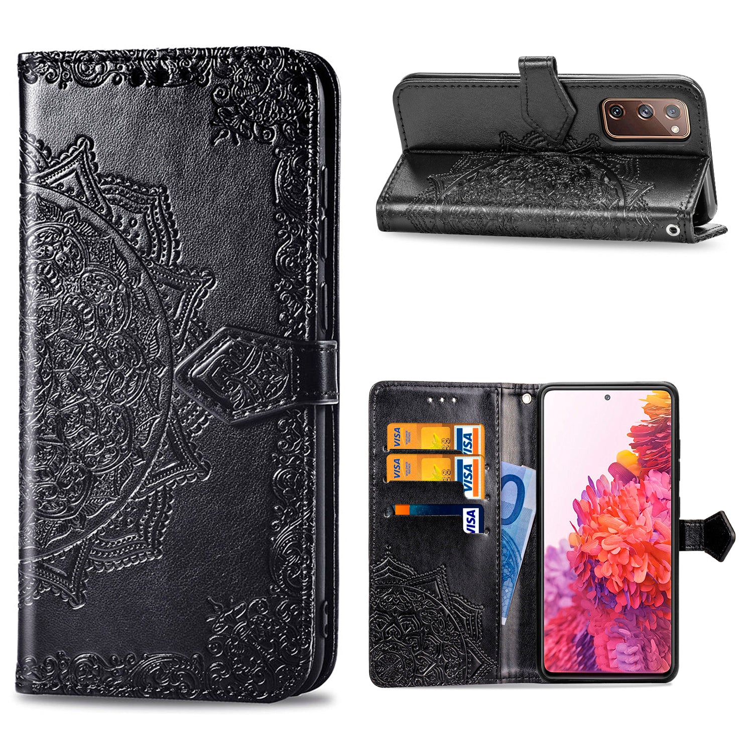 Embossed Mandala Flower Wallet Leather Shell for Samsung Galaxy S20 FE 4G/FE 5G/S20 Lite/S20 FE 2022 - Black