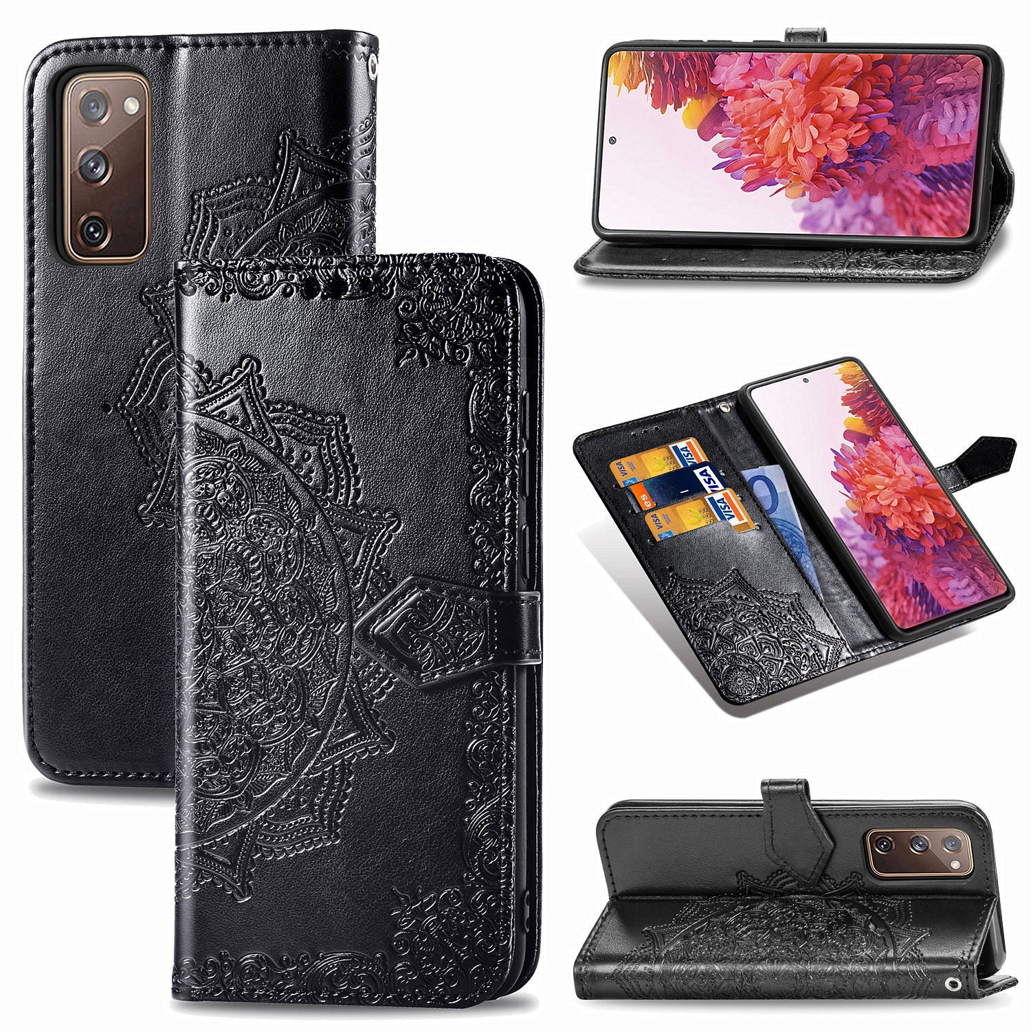 Embossed Mandala Flower Wallet Leather Shell for Samsung Galaxy S20 FE 4G/FE 5G/S20 Lite/S20 FE 2022 - Black