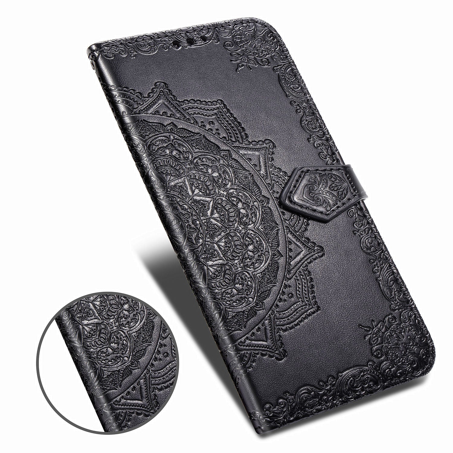 Embossed Mandala Flower Wallet Leather Shell for Samsung Galaxy S20 FE 4G/FE 5G/S20 Lite/S20 FE 2022 - Black