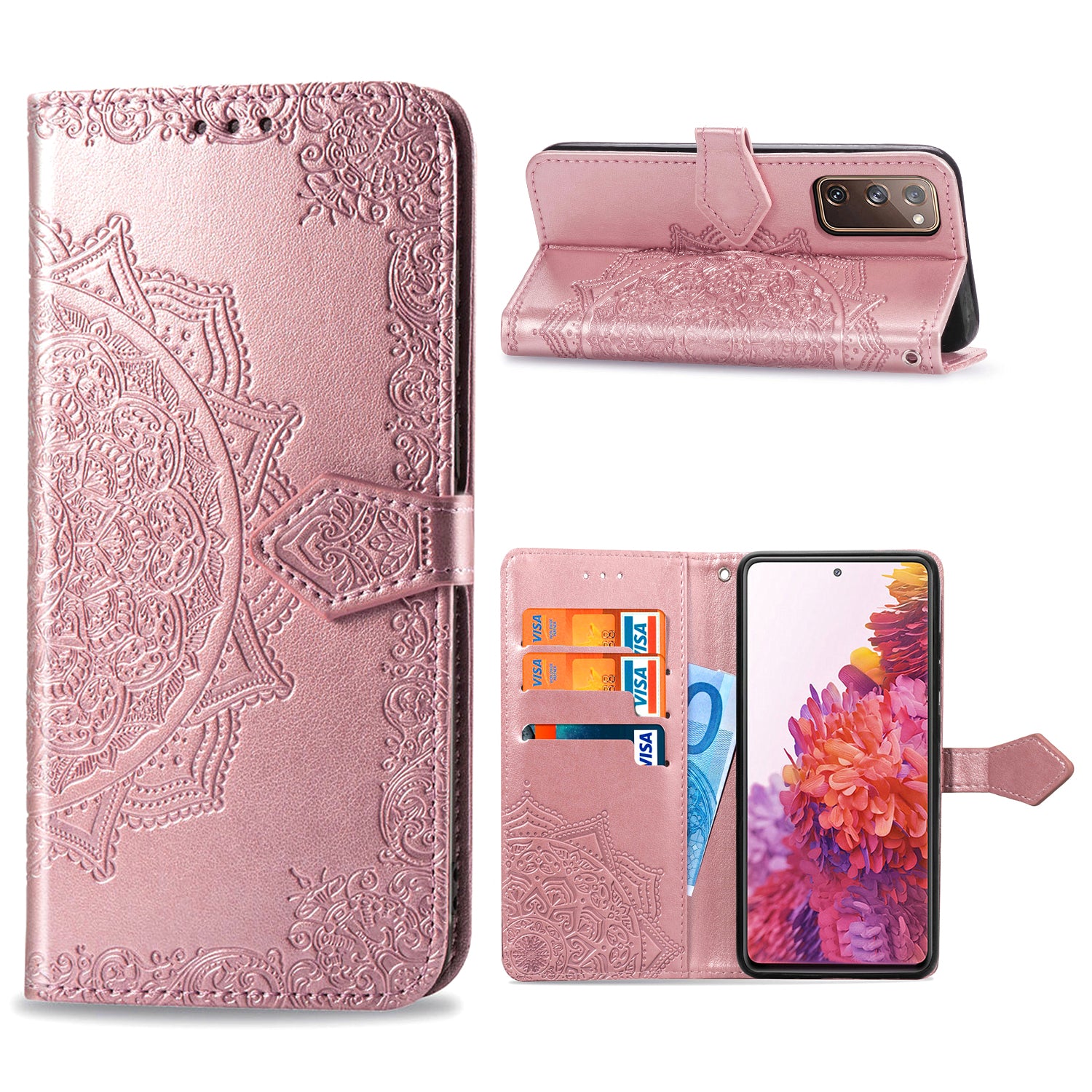 Embossed Mandala Flower Wallet Leather Shell for Samsung Galaxy S20 FE 4G/FE 5G/S20 Lite/S20 FE 2022 - Rose Gold