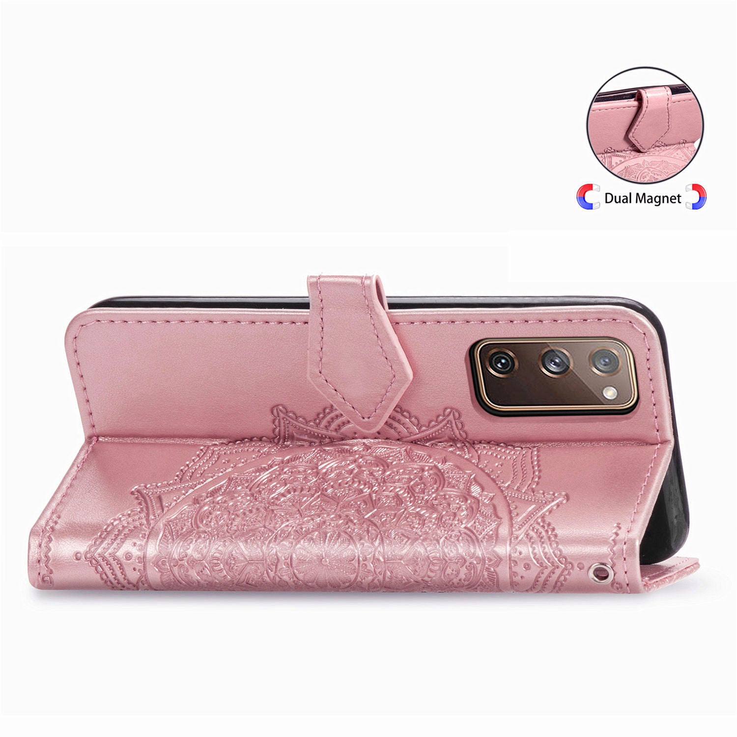 Embossed Mandala Flower Wallet Leather Shell for Samsung Galaxy S20 FE 4G/FE 5G/S20 Lite/S20 FE 2022 - Rose Gold