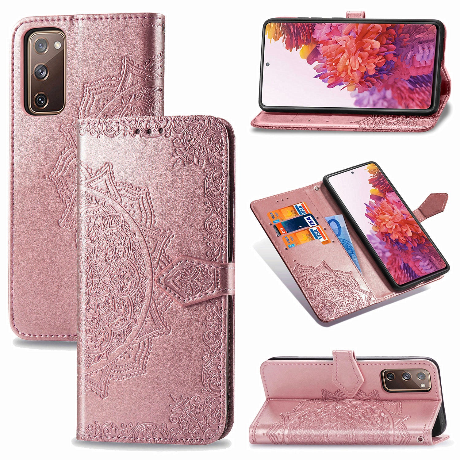 Embossed Mandala Flower Wallet Leather Shell for Samsung Galaxy S20 FE 4G/FE 5G/S20 Lite/S20 FE 2022 - Rose Gold