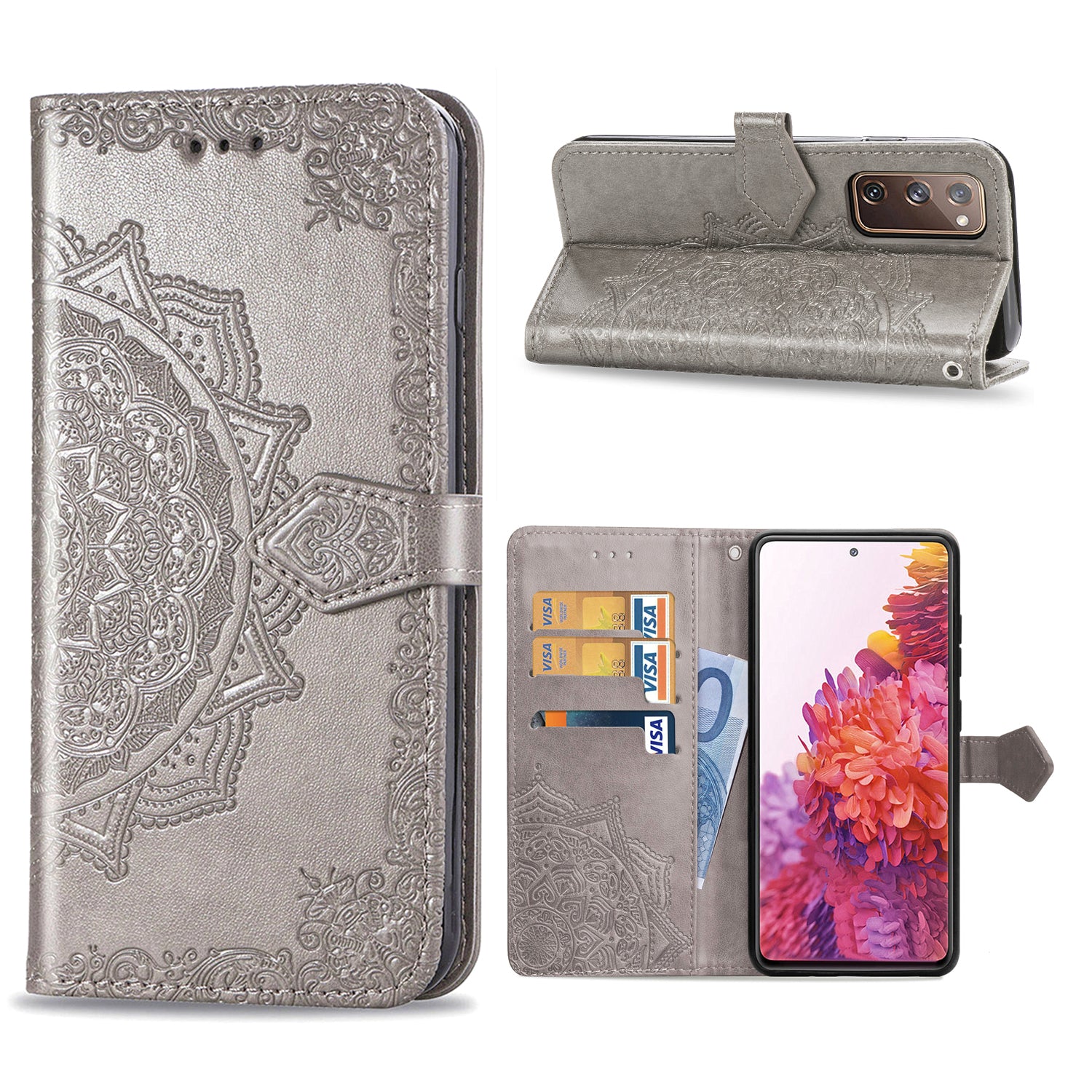 Embossed Mandala Flower Wallet Leather Shell for Samsung Galaxy S20 FE 4G/FE 5G/S20 Lite/S20 FE 2022 - Grey