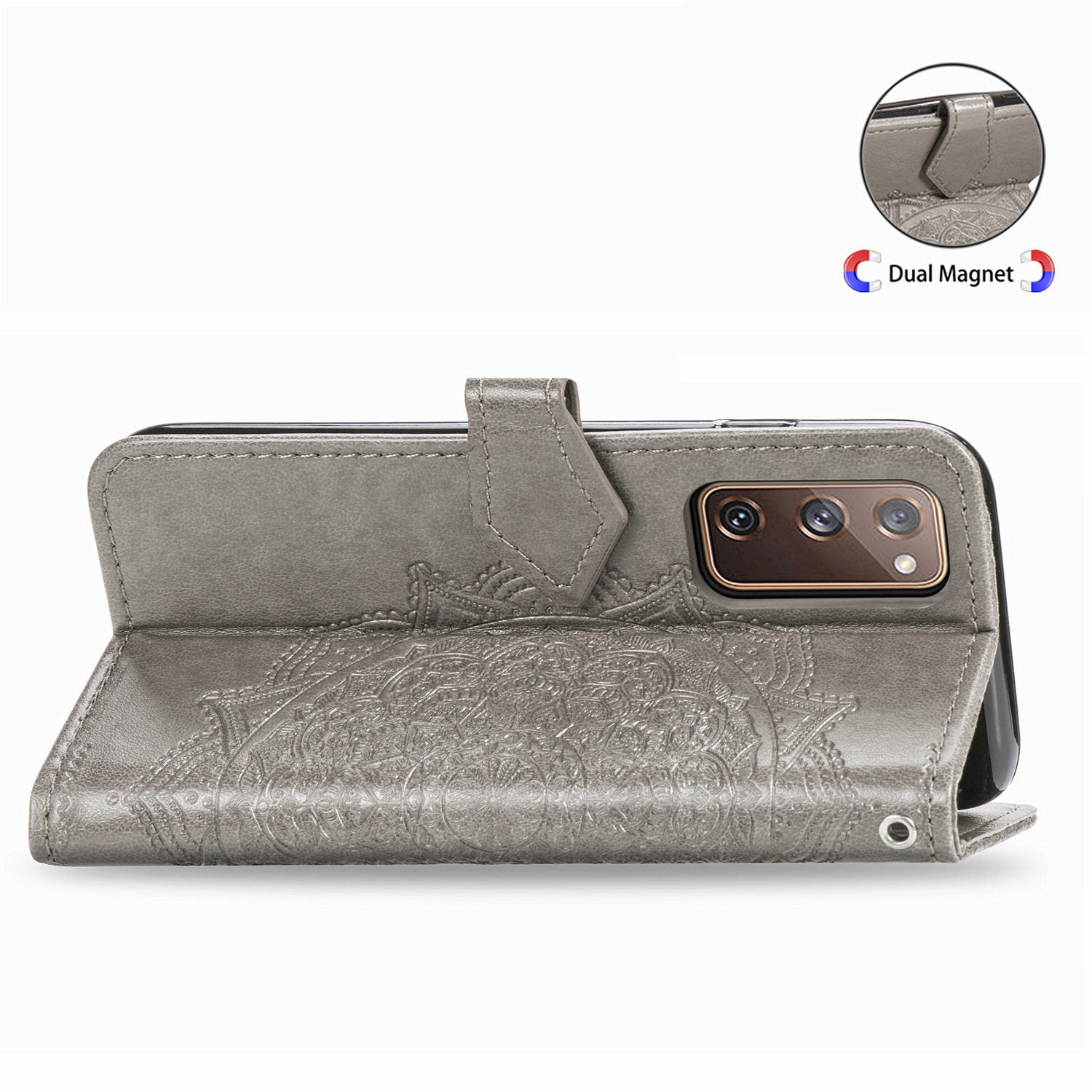 Embossed Mandala Flower Wallet Leather Shell for Samsung Galaxy S20 FE 4G/FE 5G/S20 Lite/S20 FE 2022 - Grey