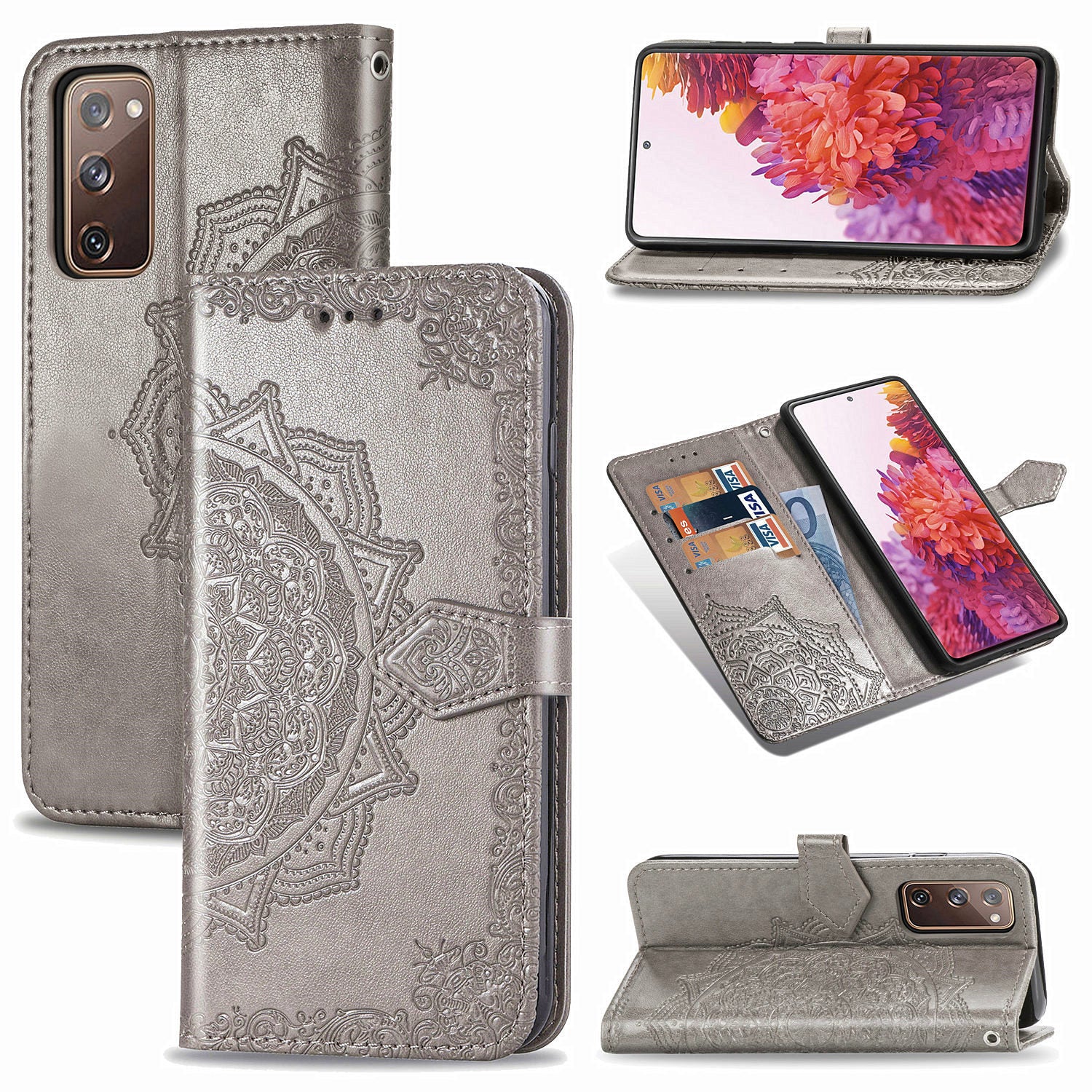 Embossed Mandala Flower Wallet Leather Shell for Samsung Galaxy S20 FE 4G/FE 5G/S20 Lite/S20 FE 2022 - Grey