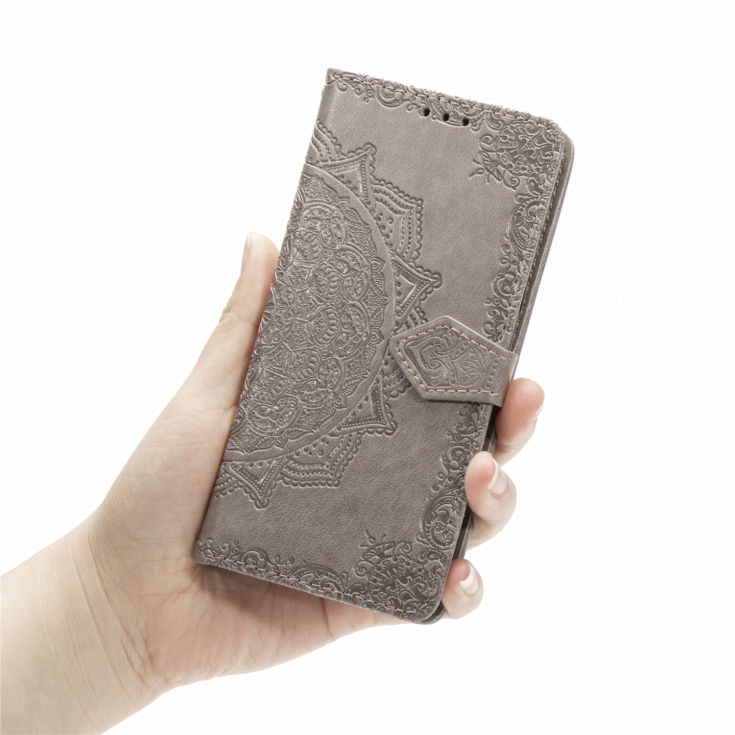 Embossed Mandala Flower Wallet Leather Shell for Samsung Galaxy S20 FE 4G/FE 5G/S20 Lite/S20 FE 2022 - Grey