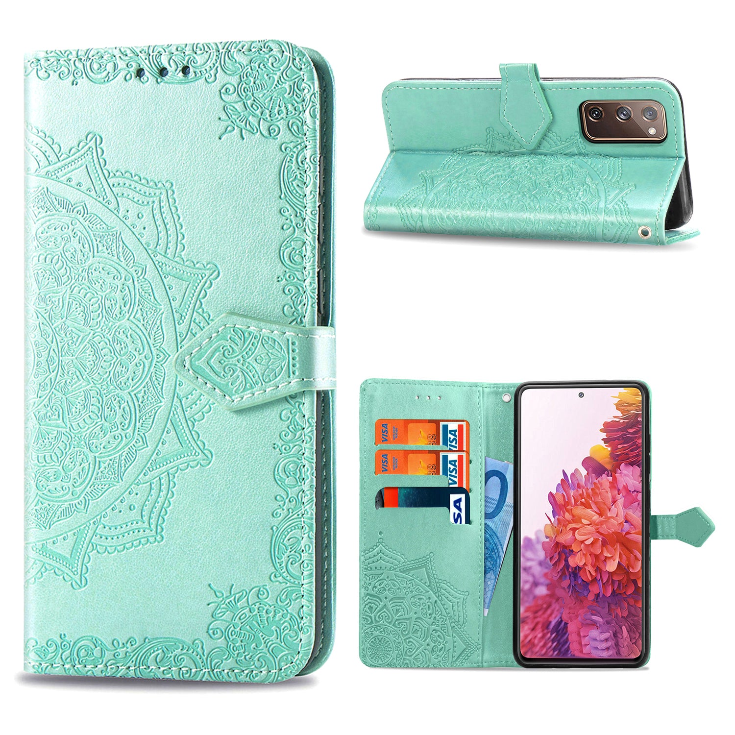 Embossed Mandala Flower Wallet Leather Shell for Samsung Galaxy S20 FE 4G/FE 5G/S20 Lite/S20 FE 2022 - Cyan