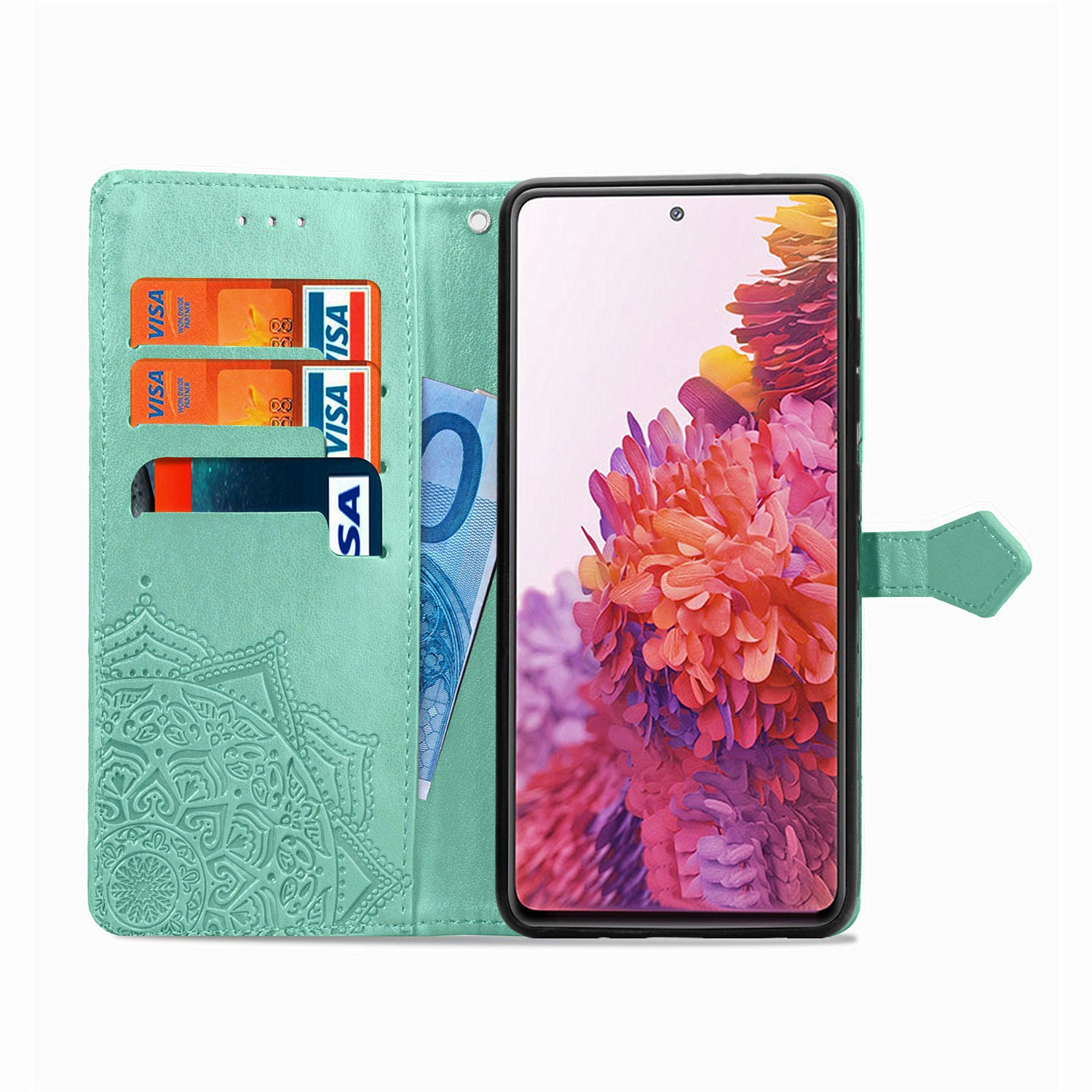 Embossed Mandala Flower Wallet Leather Shell for Samsung Galaxy S20 FE 4G/FE 5G/S20 Lite/S20 FE 2022 - Cyan