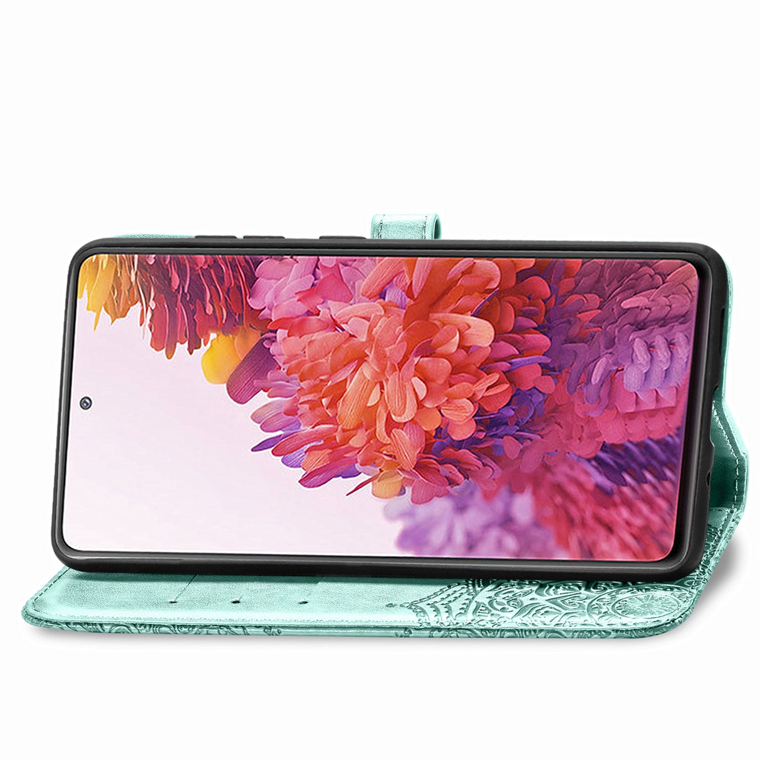 Embossed Mandala Flower Wallet Leather Shell for Samsung Galaxy S20 FE 4G/FE 5G/S20 Lite/S20 FE 2022 - Cyan