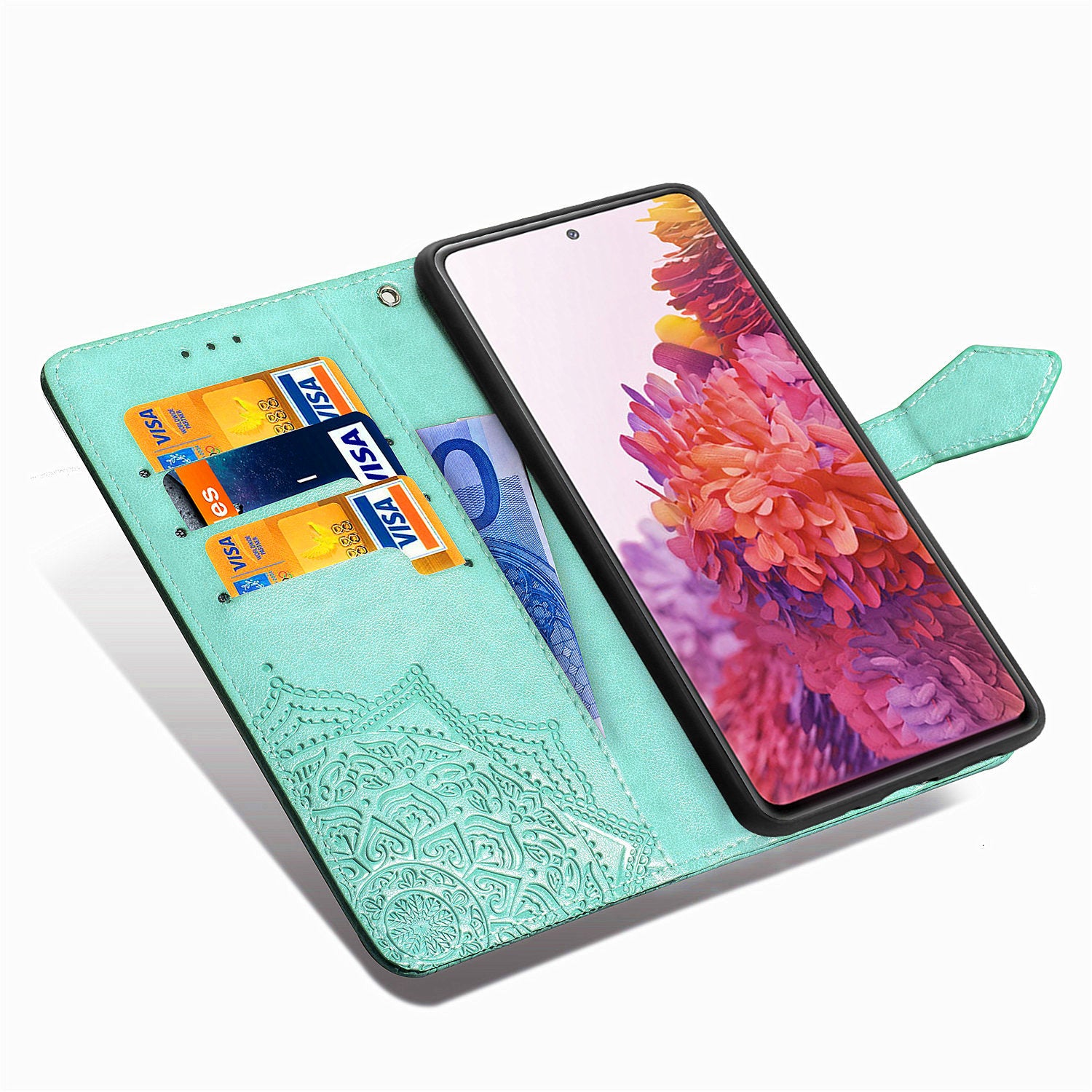 Embossed Mandala Flower Wallet Leather Shell for Samsung Galaxy S20 FE 4G/FE 5G/S20 Lite/S20 FE 2022 - Cyan