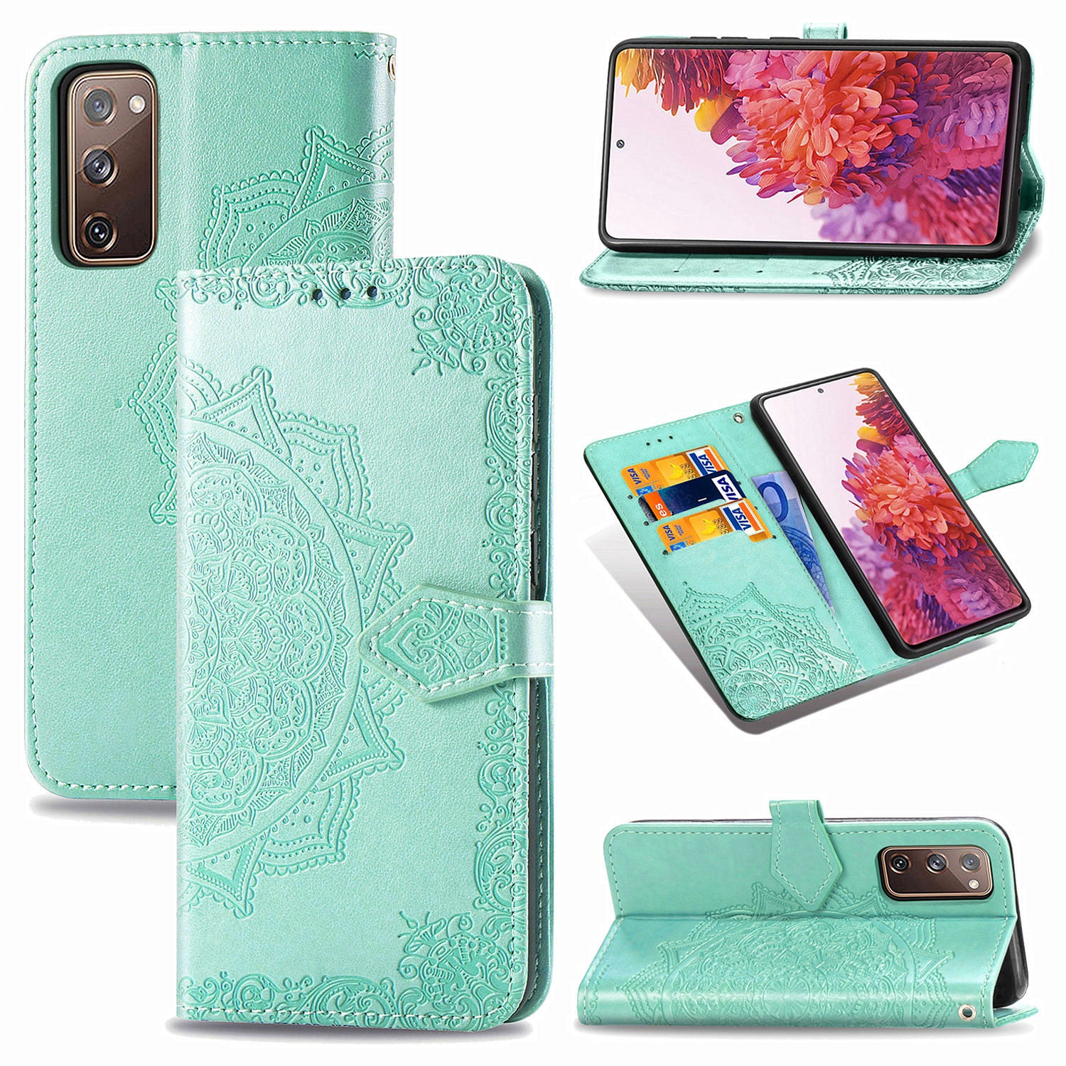 Embossed Mandala Flower Wallet Leather Shell for Samsung Galaxy S20 FE 4G/FE 5G/S20 Lite/S20 FE 2022 - Cyan