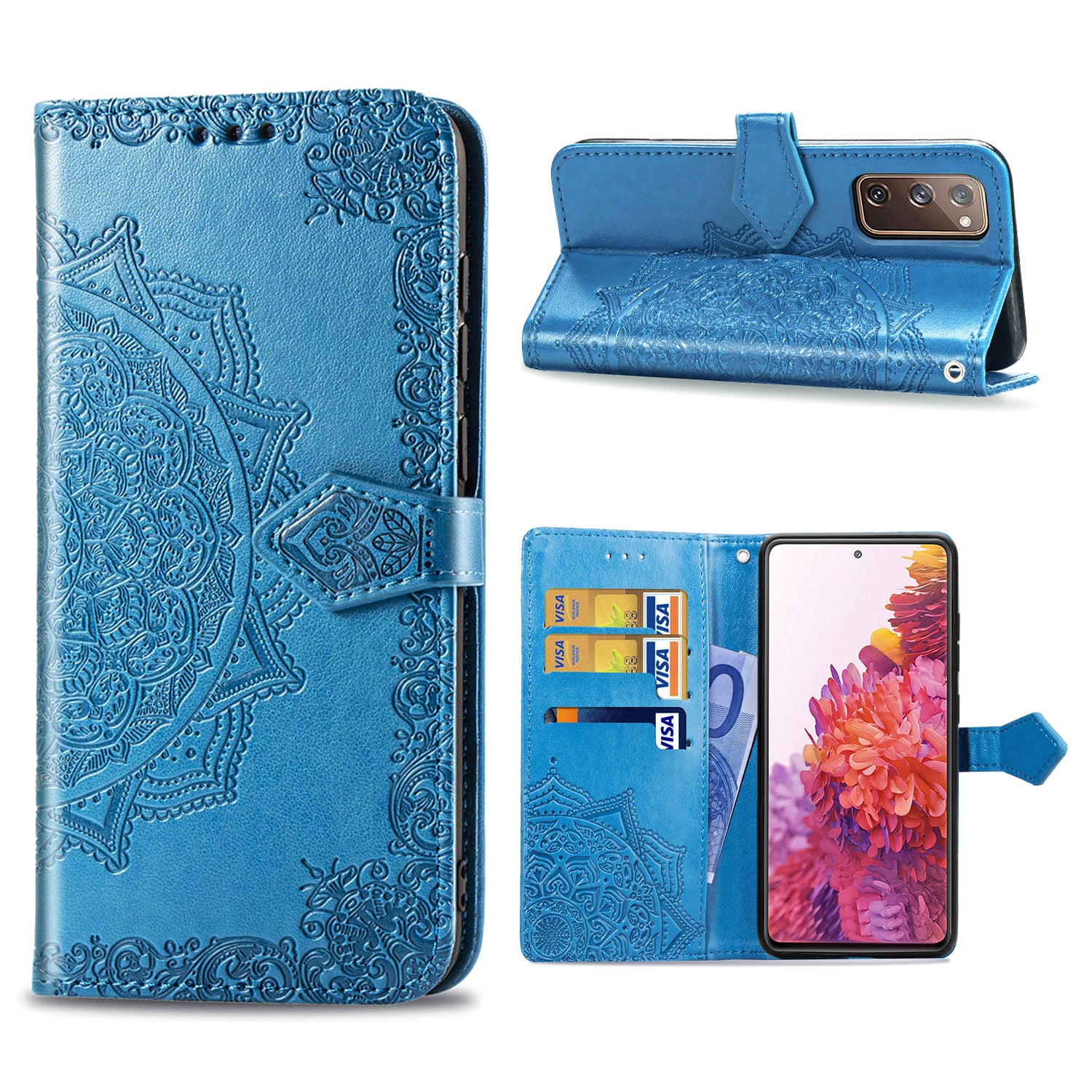 Embossed Mandala Flower Wallet Leather Shell for Samsung Galaxy S20 FE 4G/FE 5G/S20 Lite/S20 FE 2022 - Blue