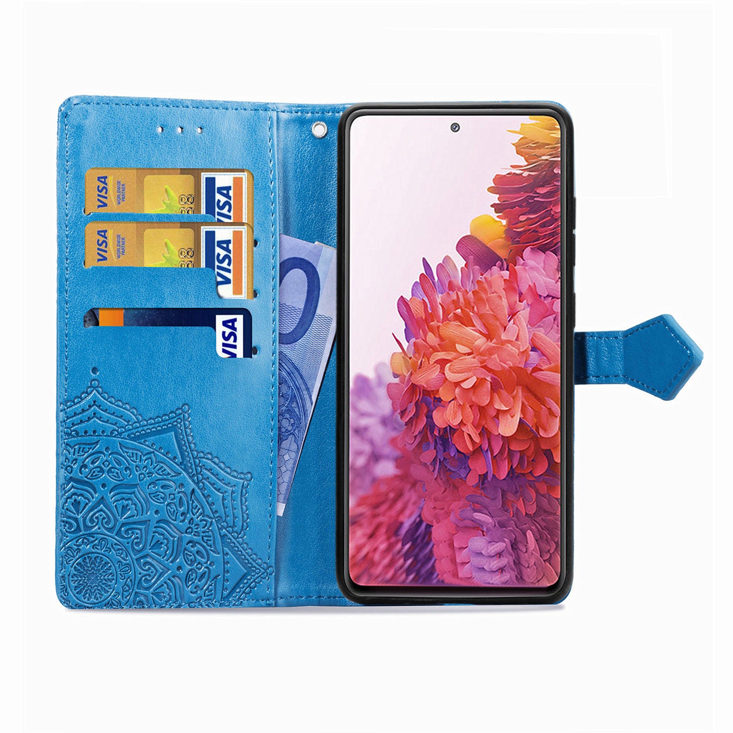 Embossed Mandala Flower Wallet Leather Shell for Samsung Galaxy S20 FE 4G/FE 5G/S20 Lite/S20 FE 2022 - Blue