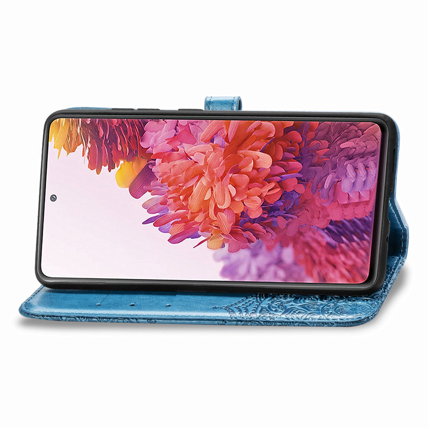 Embossed Mandala Flower Wallet Leather Shell for Samsung Galaxy S20 FE 4G/FE 5G/S20 Lite/S20 FE 2022 - Blue