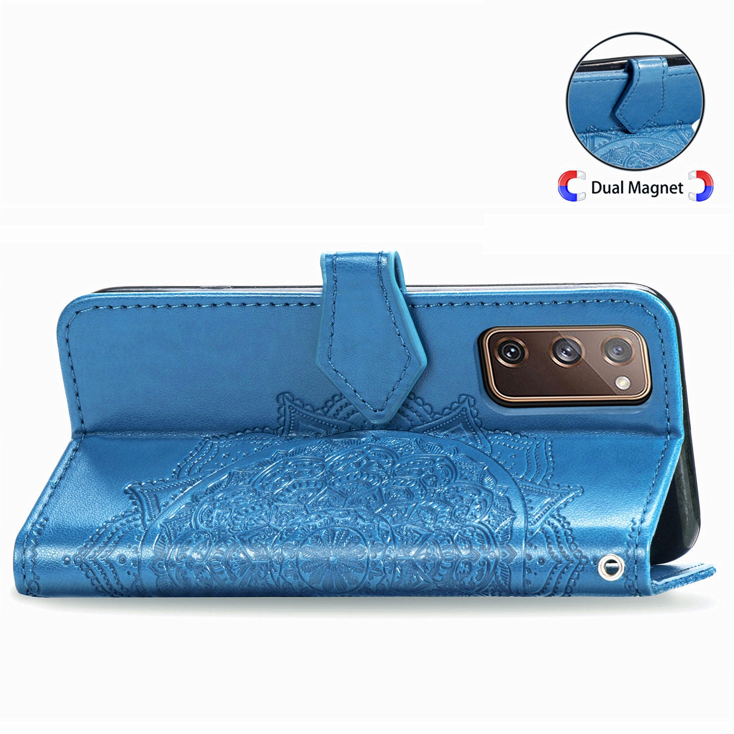 Embossed Mandala Flower Wallet Leather Shell for Samsung Galaxy S20 FE 4G/FE 5G/S20 Lite/S20 FE 2022 - Blue