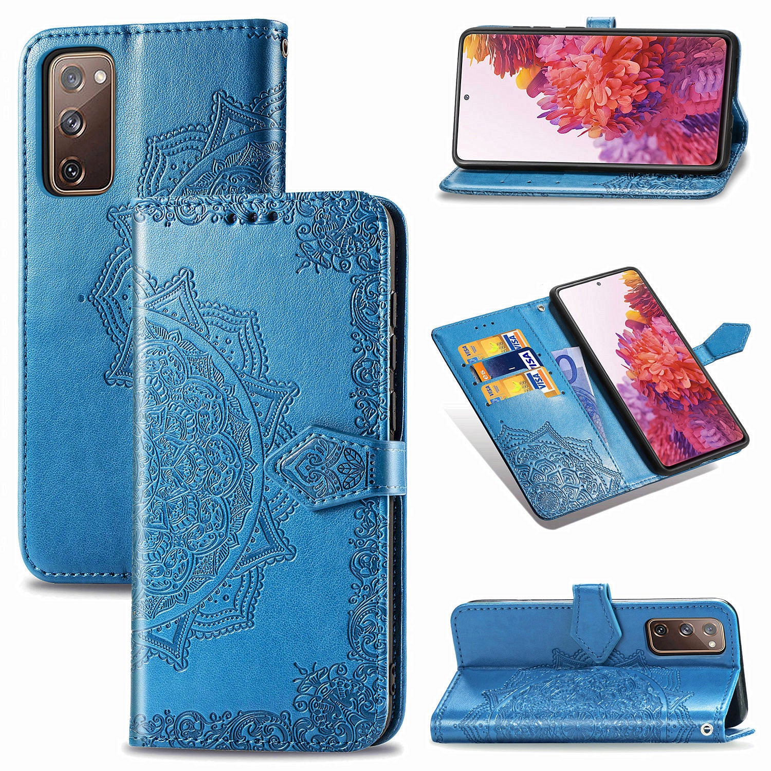 Embossed Mandala Flower Wallet Leather Shell for Samsung Galaxy S20 FE 4G/FE 5G/S20 Lite/S20 FE 2022 - Blue