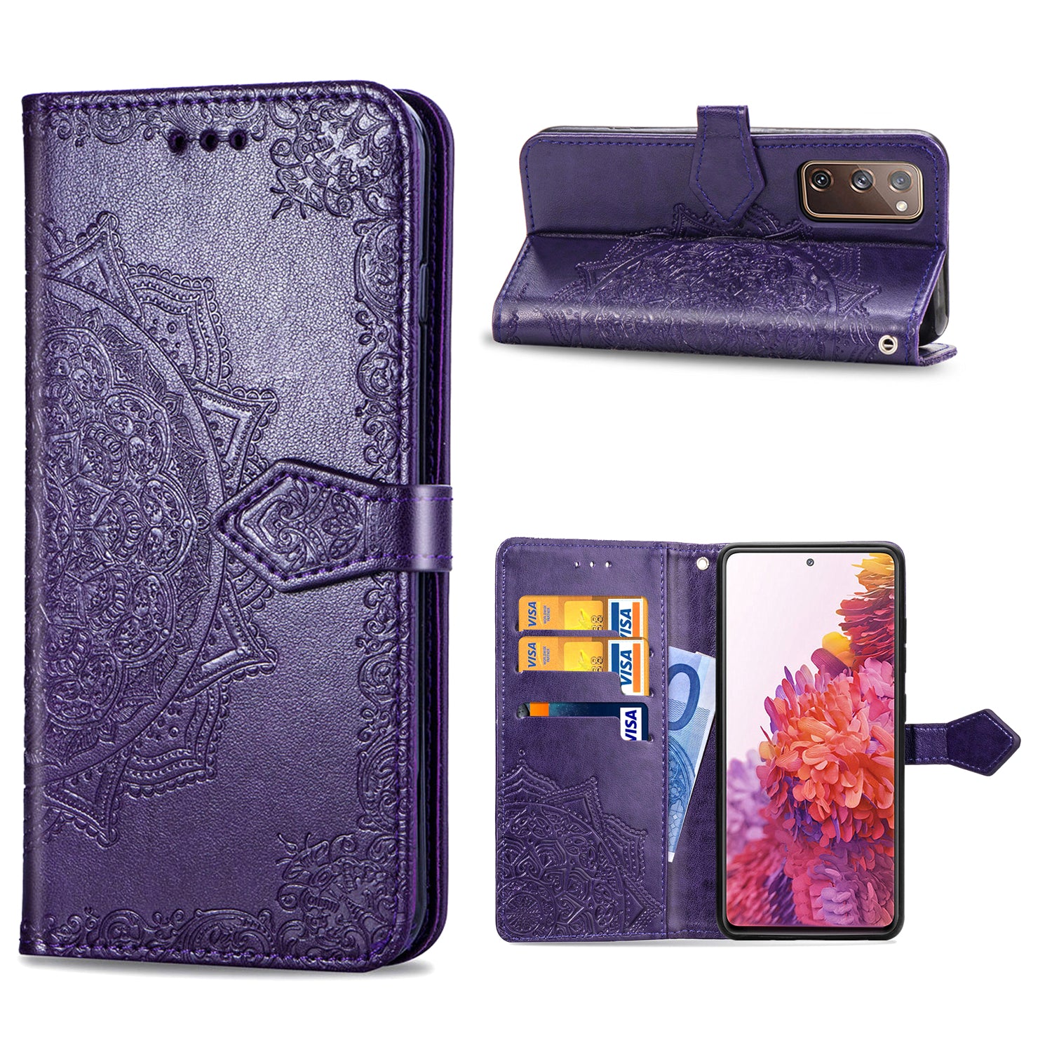 Embossed Mandala Flower Wallet Leather Shell for Samsung Galaxy S20 FE 4G/FE 5G/S20 Lite/S20 FE 2022 - Purple