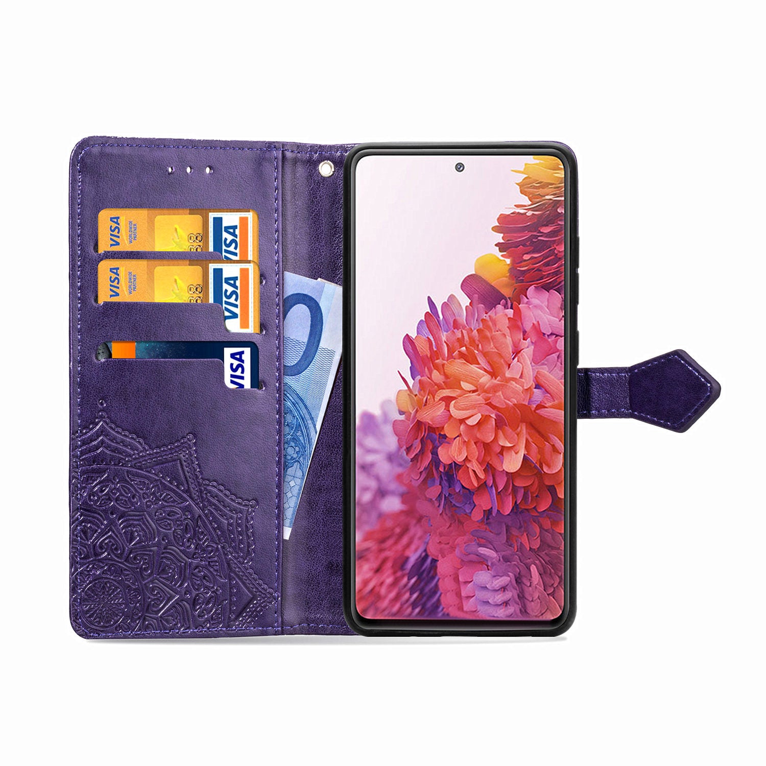 Embossed Mandala Flower Wallet Leather Shell for Samsung Galaxy S20 FE 4G/FE 5G/S20 Lite/S20 FE 2022 - Purple