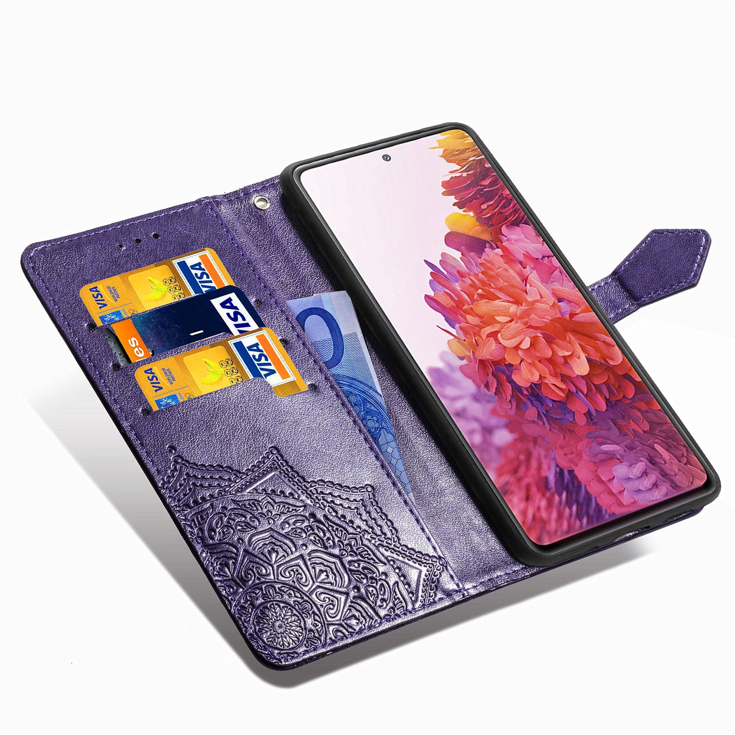 Embossed Mandala Flower Wallet Leather Shell for Samsung Galaxy S20 FE 4G/FE 5G/S20 Lite/S20 FE 2022 - Purple