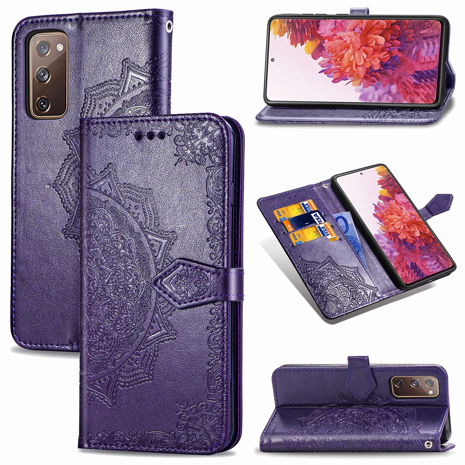 Embossed Mandala Flower Wallet Leather Shell for Samsung Galaxy S20 FE 4G/FE 5G/S20 Lite/S20 FE 2022 - Purple