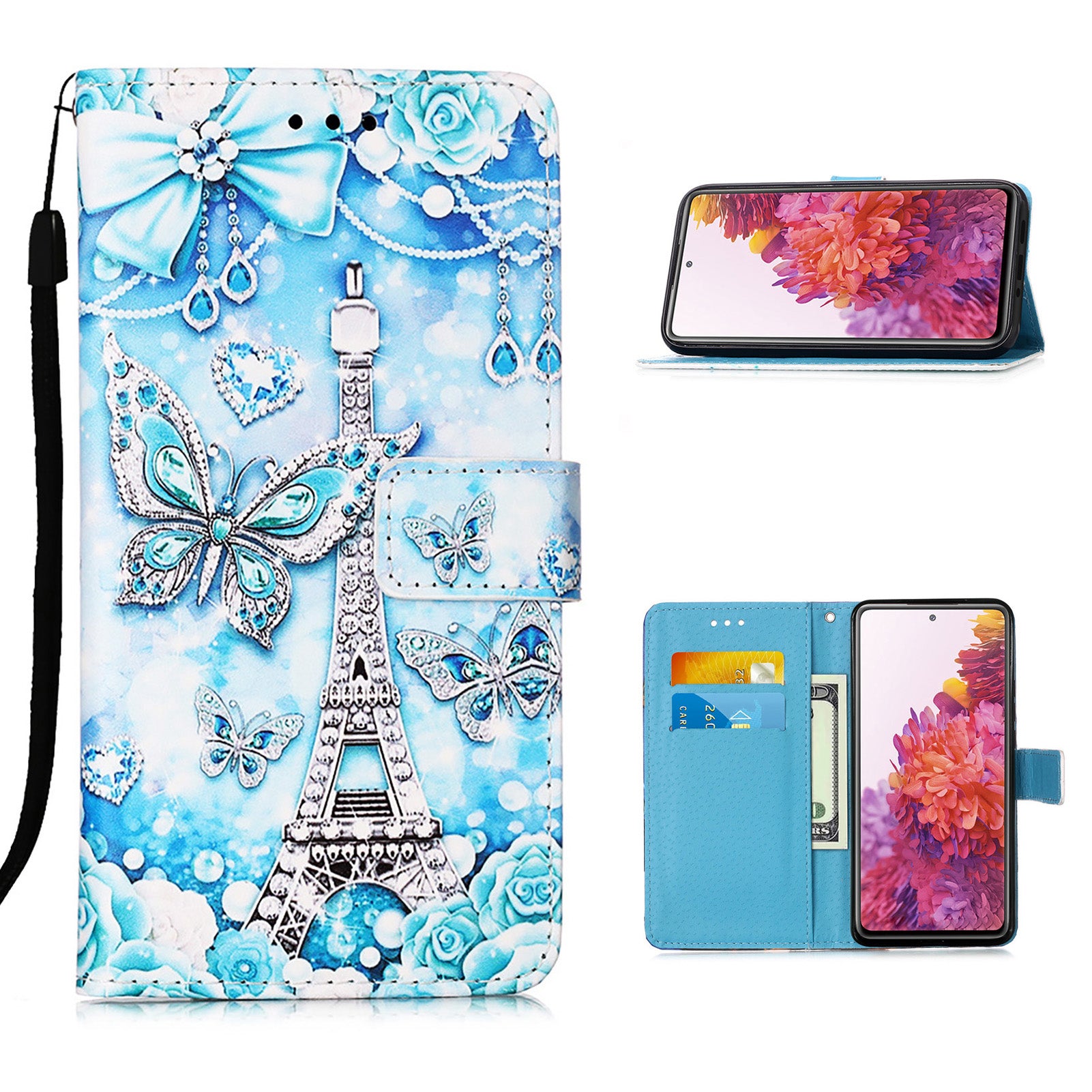 Pattern Printing Leather Wallet Stand Case for Samsung Galaxy S20 FE 4G/FE 5G/S20 Lite/S20 FE 2022 - Butterfly and Tower