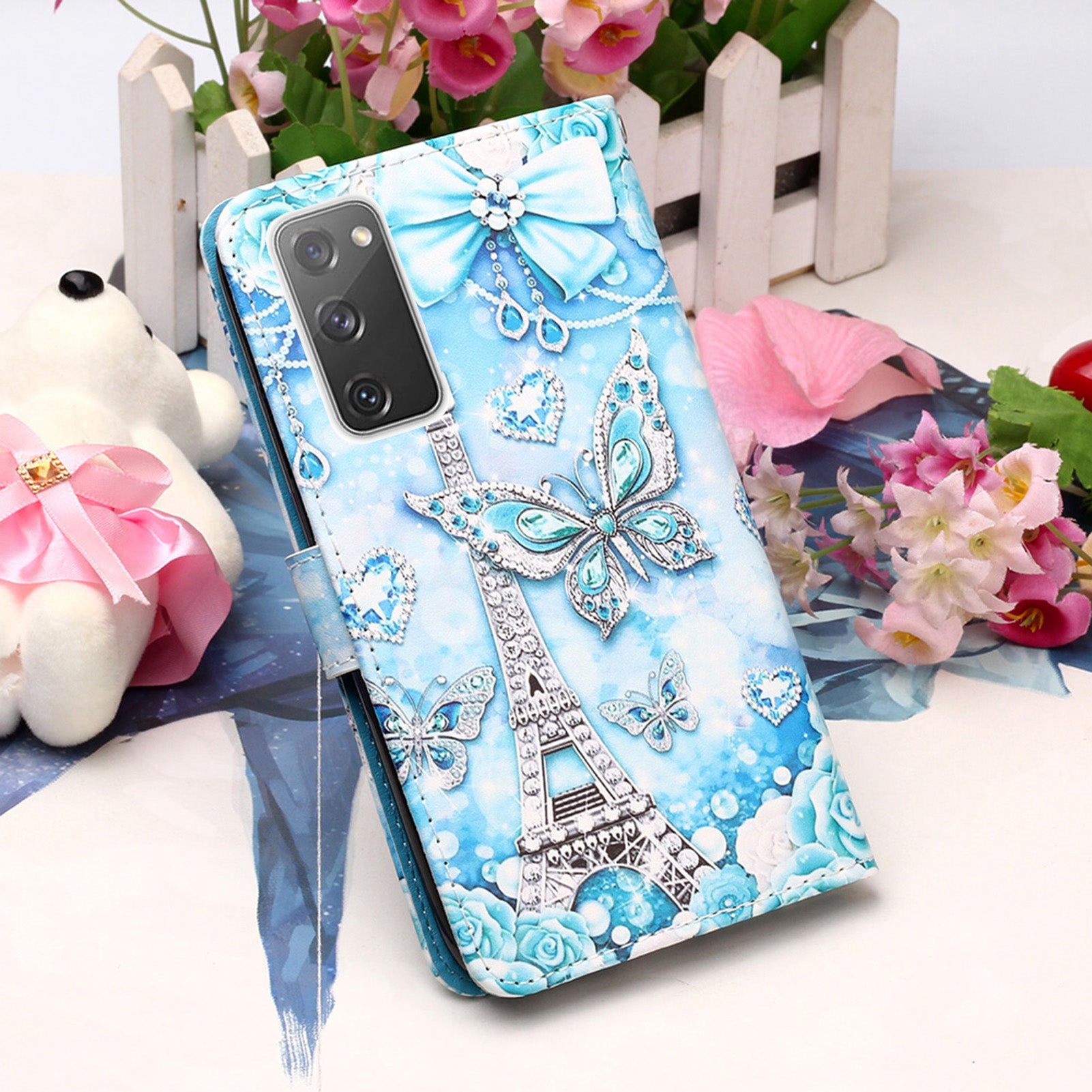 Pattern Printing Leather Wallet Stand Case for Samsung Galaxy S20 FE 4G/FE 5G/S20 Lite/S20 FE 2022 - Butterfly and Tower