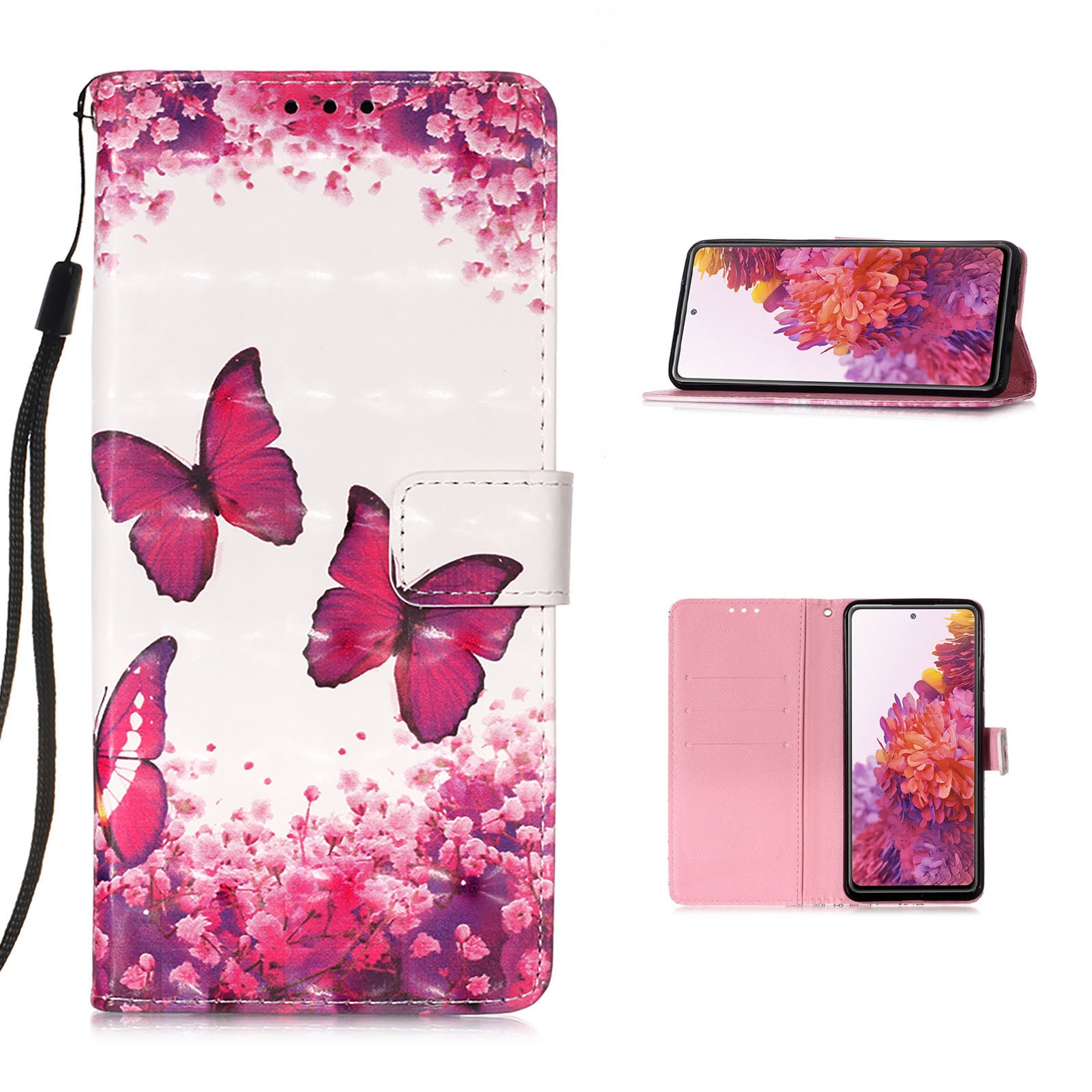 Light Spot Decor Pattern Printing Wallet Stand Leather Phone Casing with Strap for Samsung Galaxy S20 FE 4G/FE 5G/S20 Lite/S20 FE 2022 - Rose Butterfly