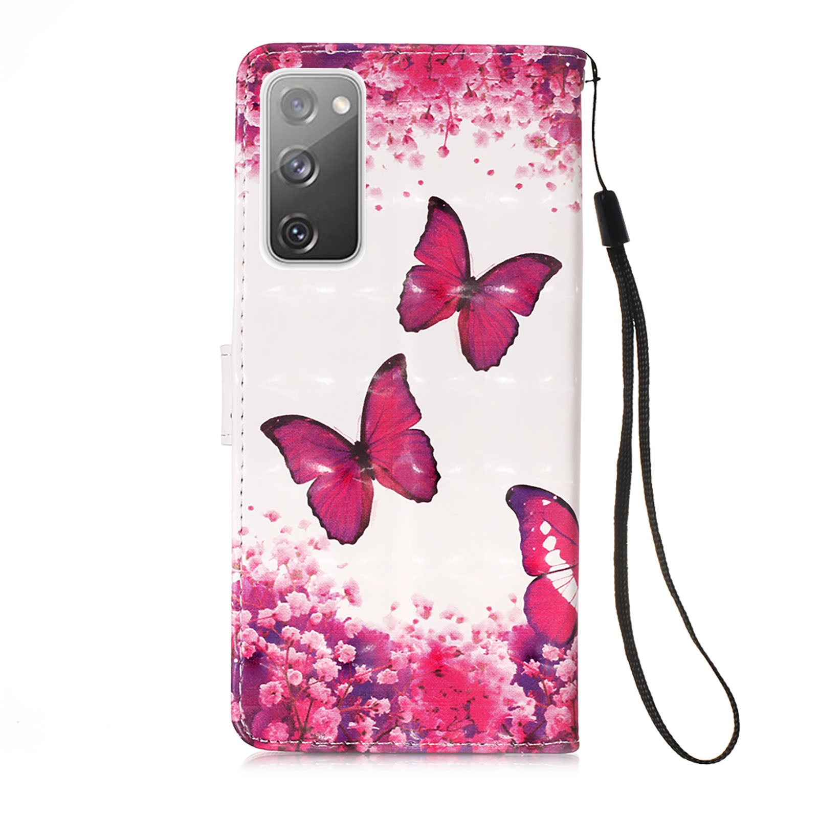 Light Spot Decor Pattern Printing Wallet Stand Leather Phone Casing with Strap for Samsung Galaxy S20 FE 4G/FE 5G/S20 Lite/S20 FE 2022 - Rose Butterfly