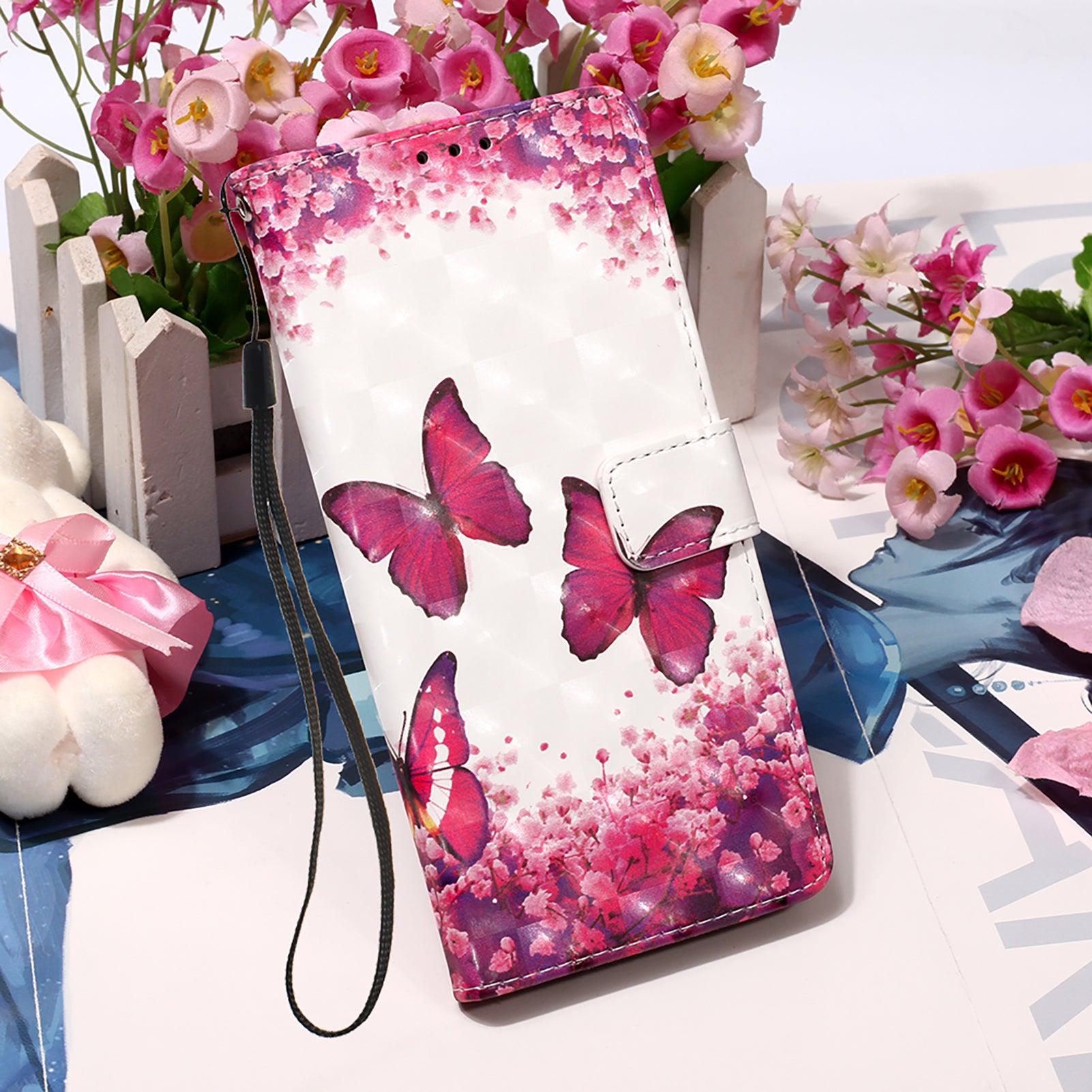 Light Spot Decor Pattern Printing Wallet Stand Leather Phone Casing with Strap for Samsung Galaxy S20 FE 4G/FE 5G/S20 Lite/S20 FE 2022 - Rose Butterfly